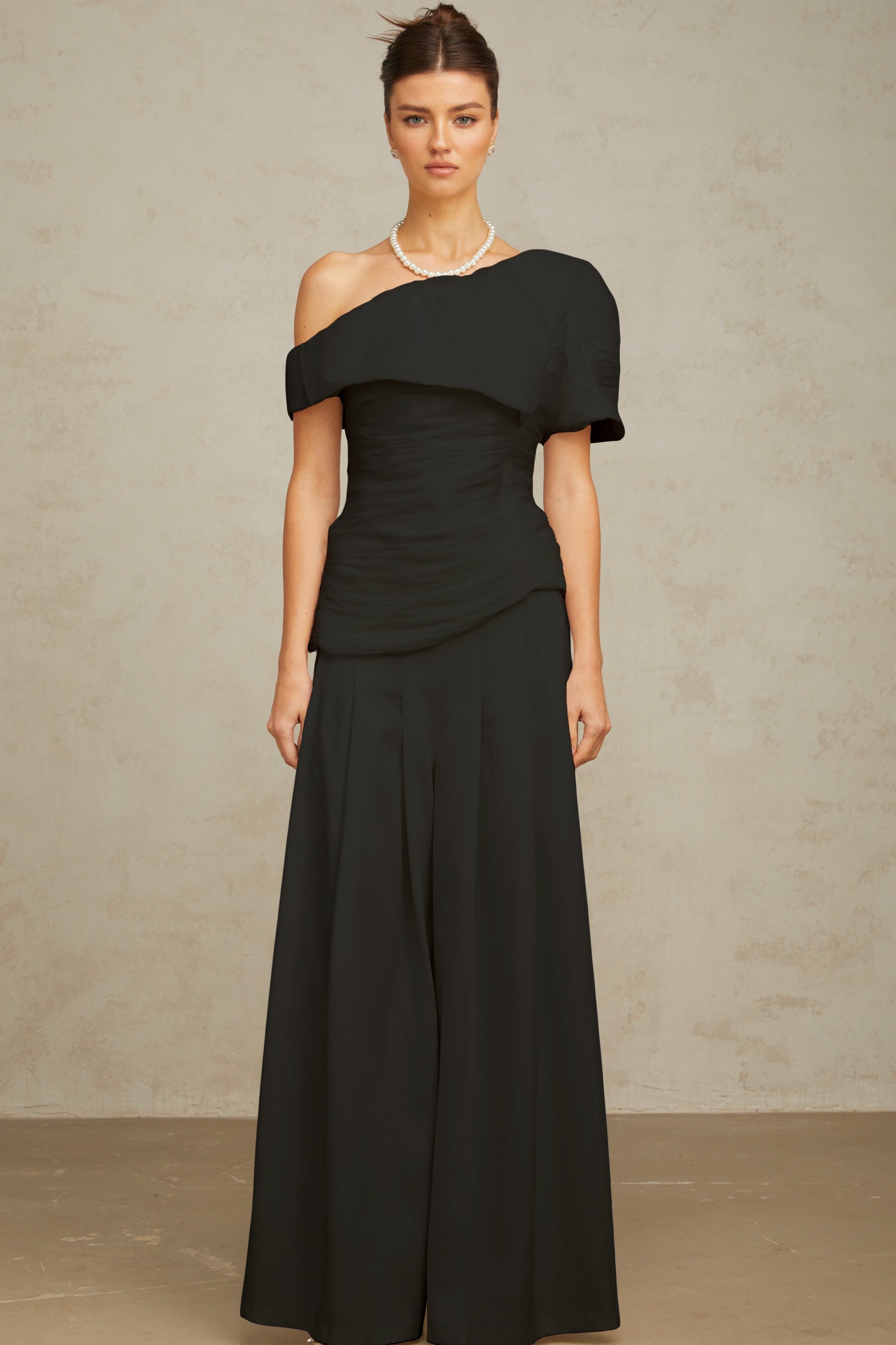 Adèle creased top & trousers matching set in Black