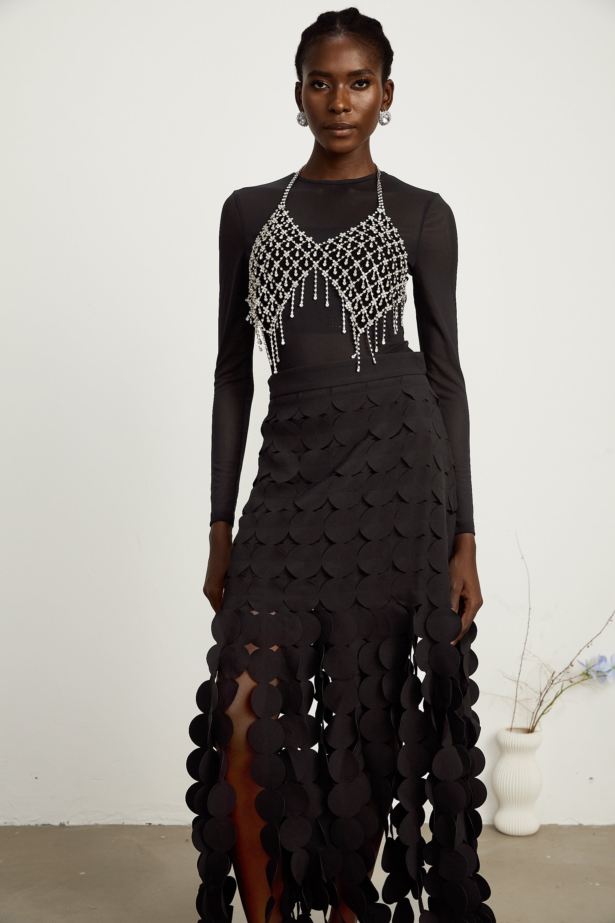 Hanna disc-design fringed maxi skirt in Black