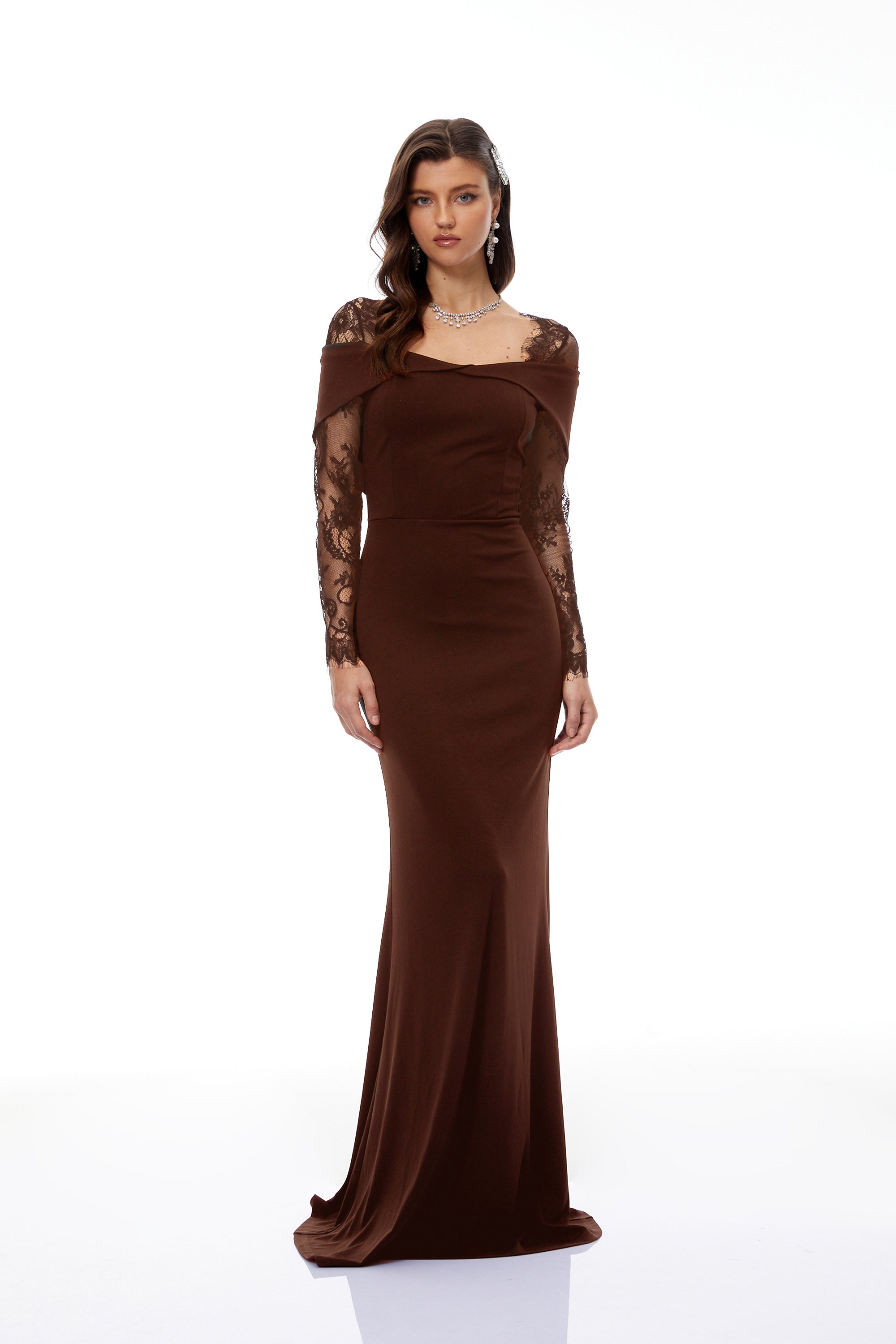 Georgiana Brown Lace Panel Flared Maxi Gown