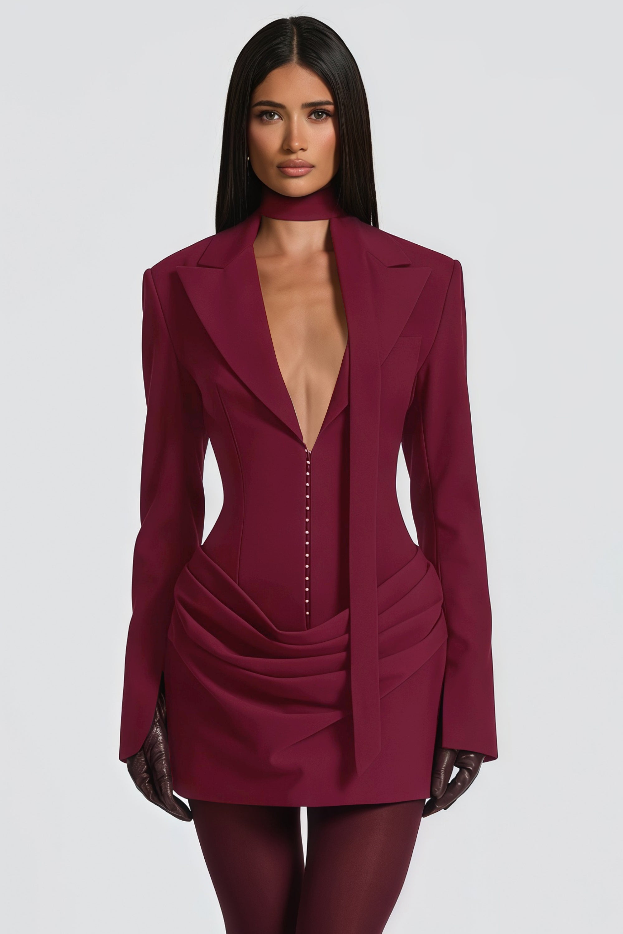 Rosette Burgundy Ruched Blazer Mini Dress