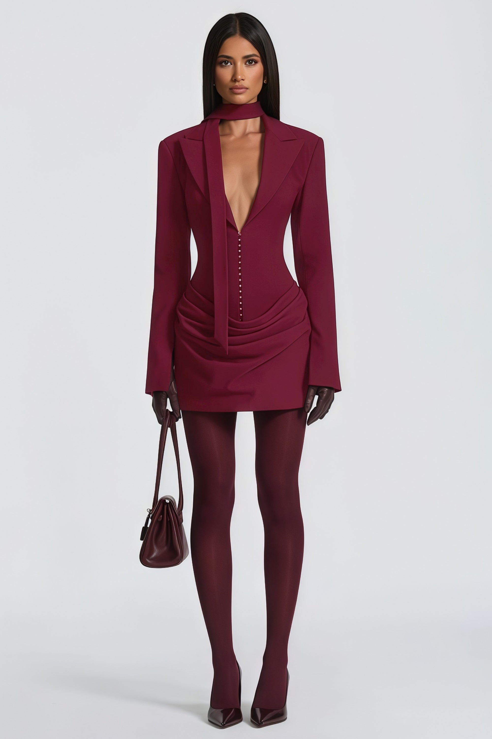 Rosette Burgundy Ruched Blazer Mini Dress