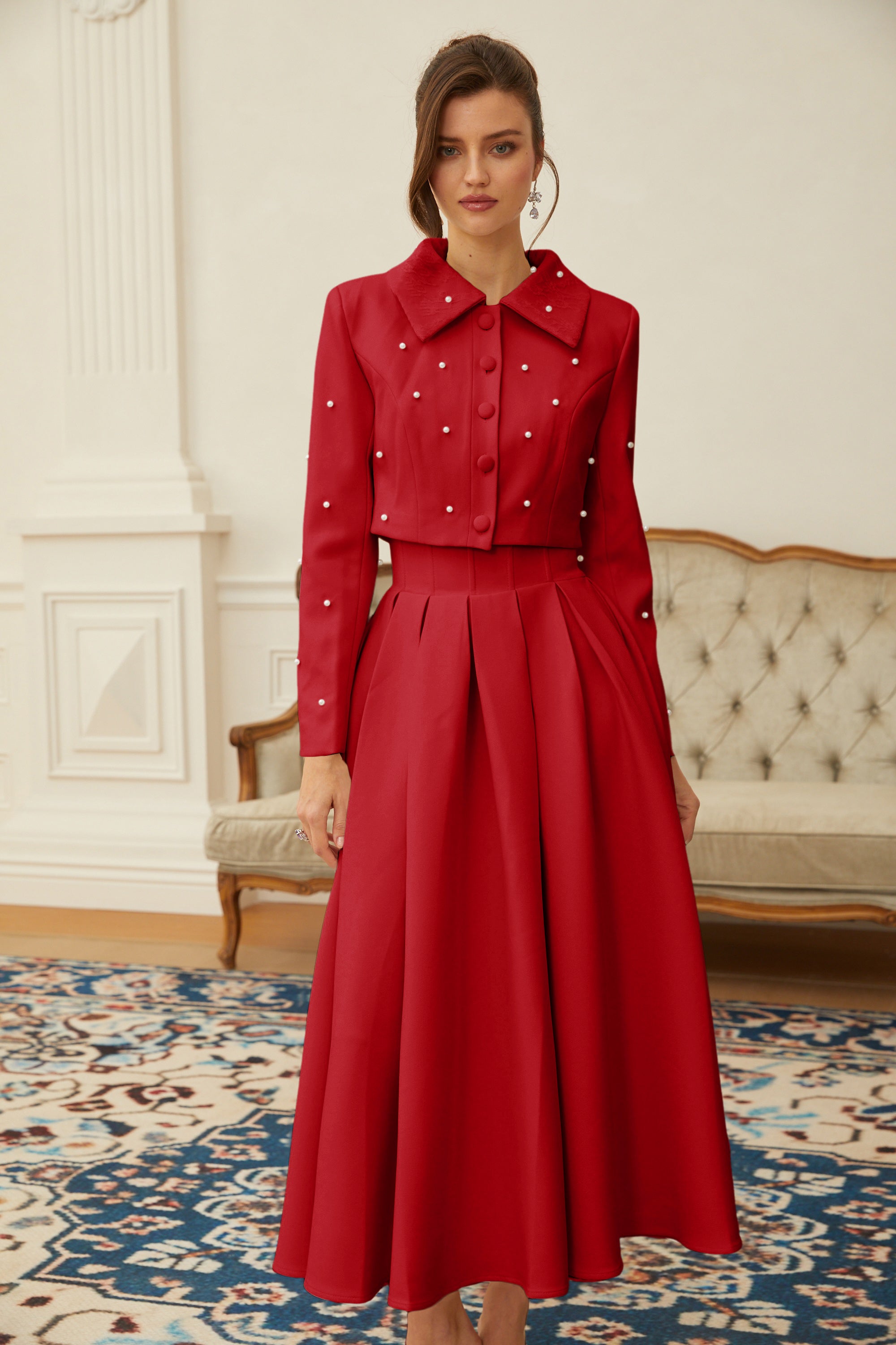 Maja Red Faux Pearl Jacket & Pleated Skirt Set