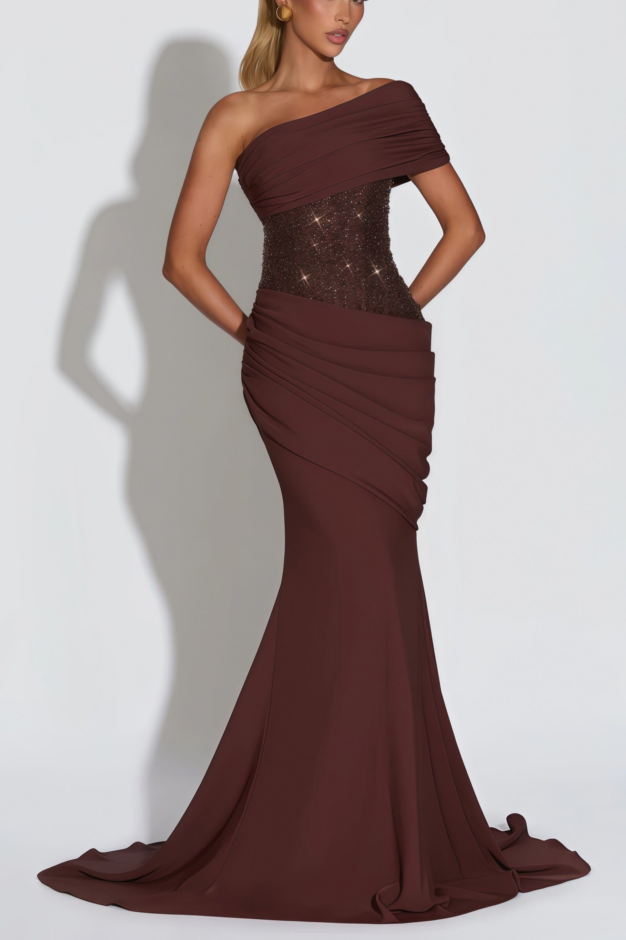 Giada Brown Sequined Asymmetrical Ruched Maxi Gown