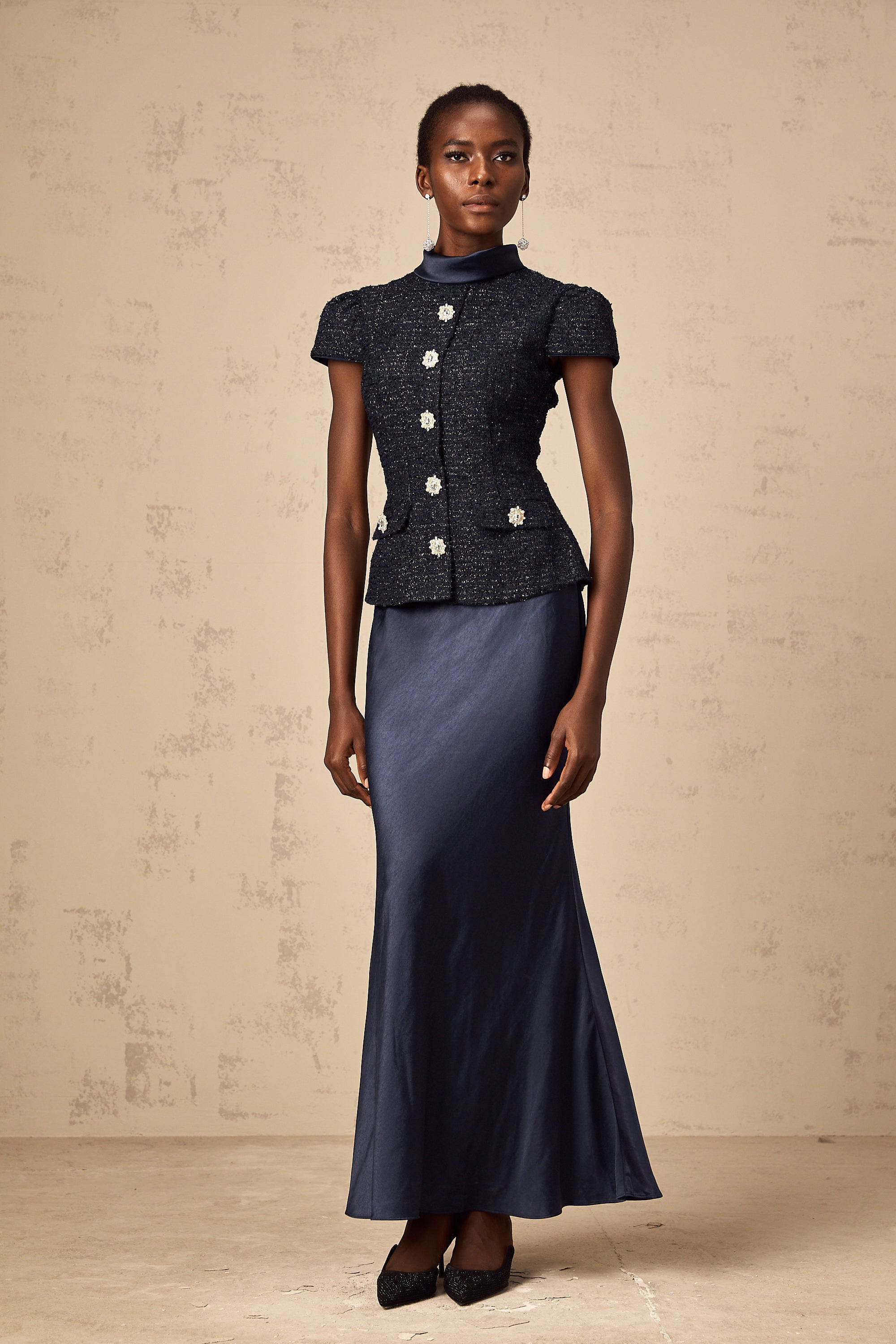 Josette blue peplum-waist panelled maxi dress