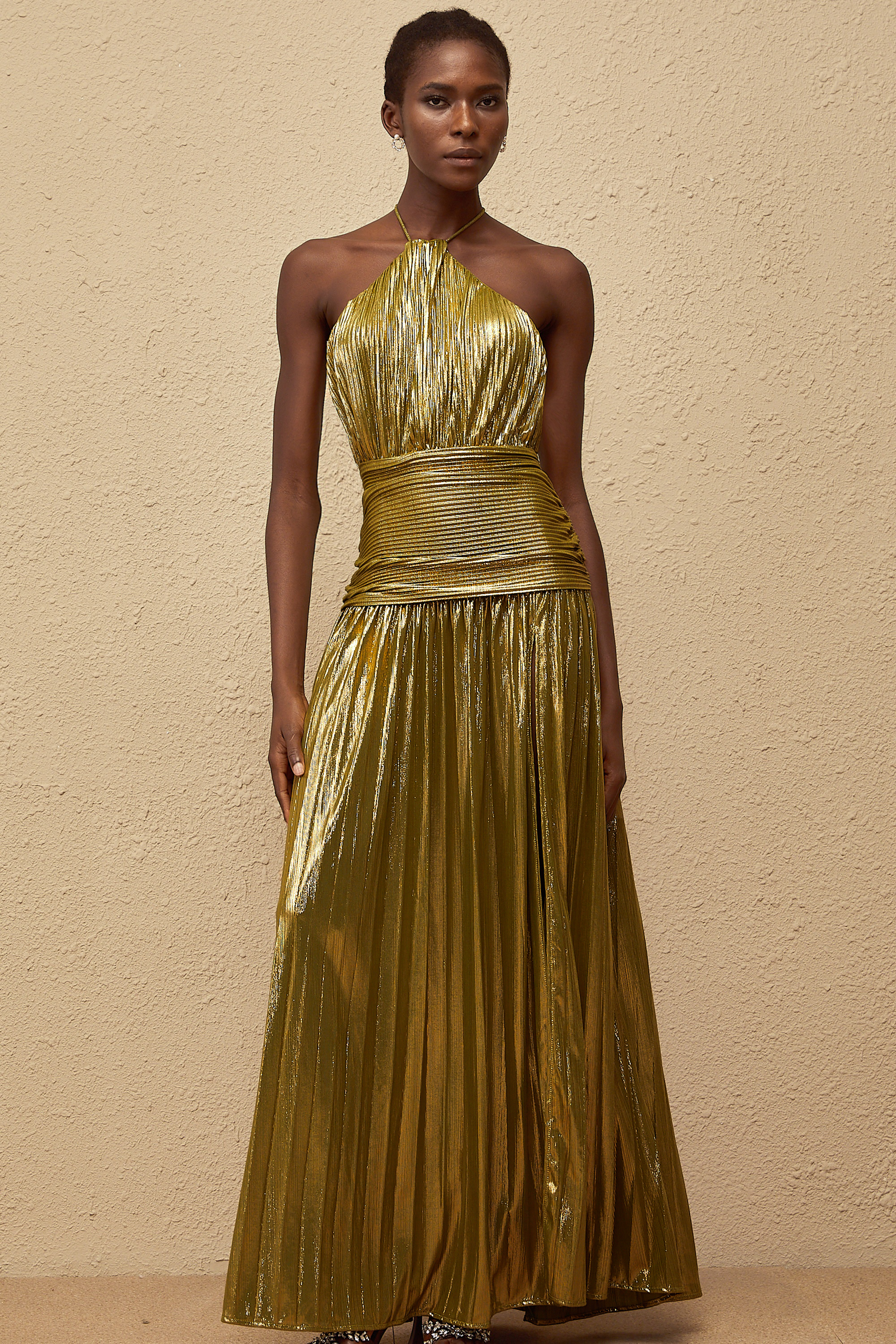 Alchimie Green Glossy Pleated Maxi Dress