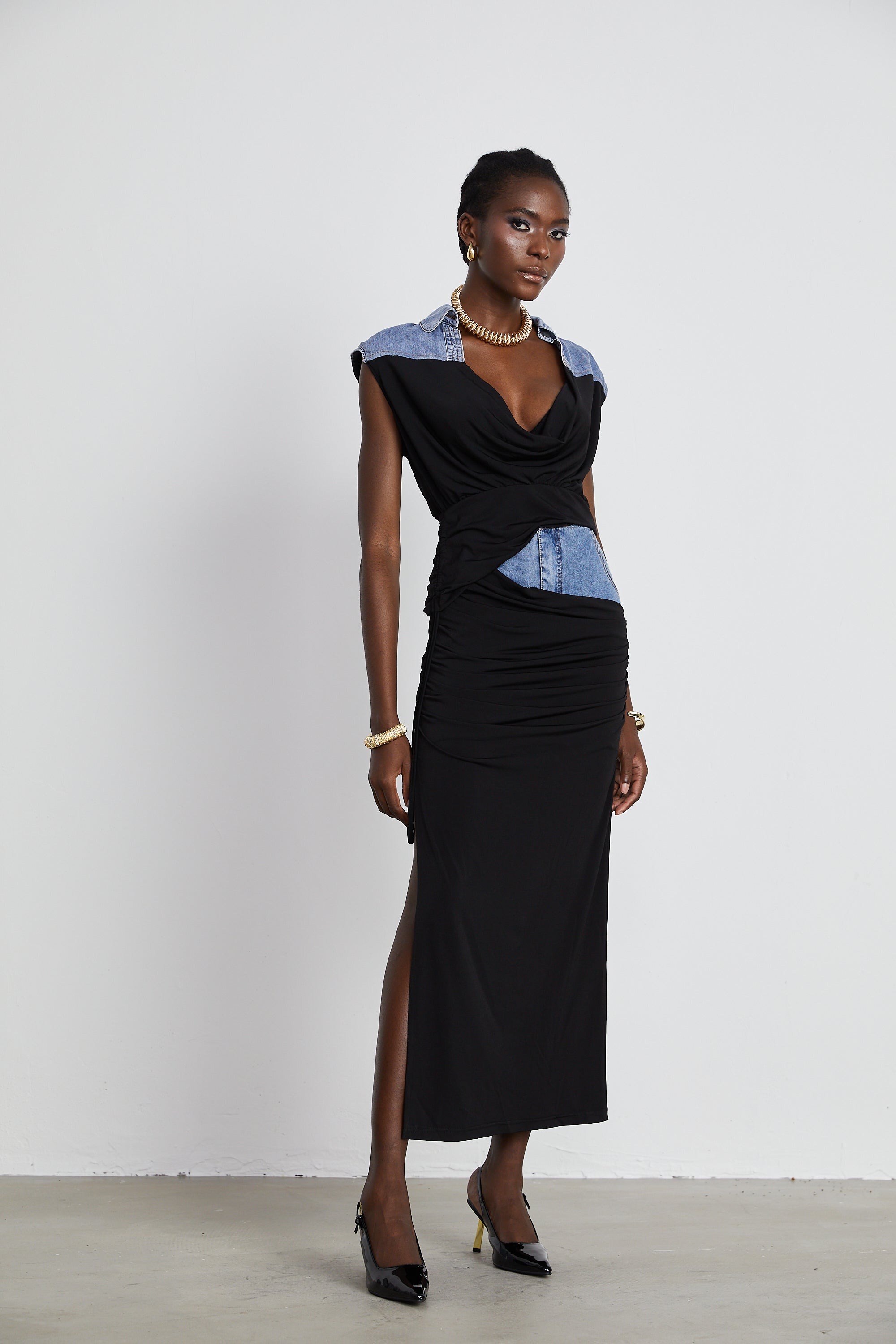 Nala jersey-panelled denim top & skirt matching set