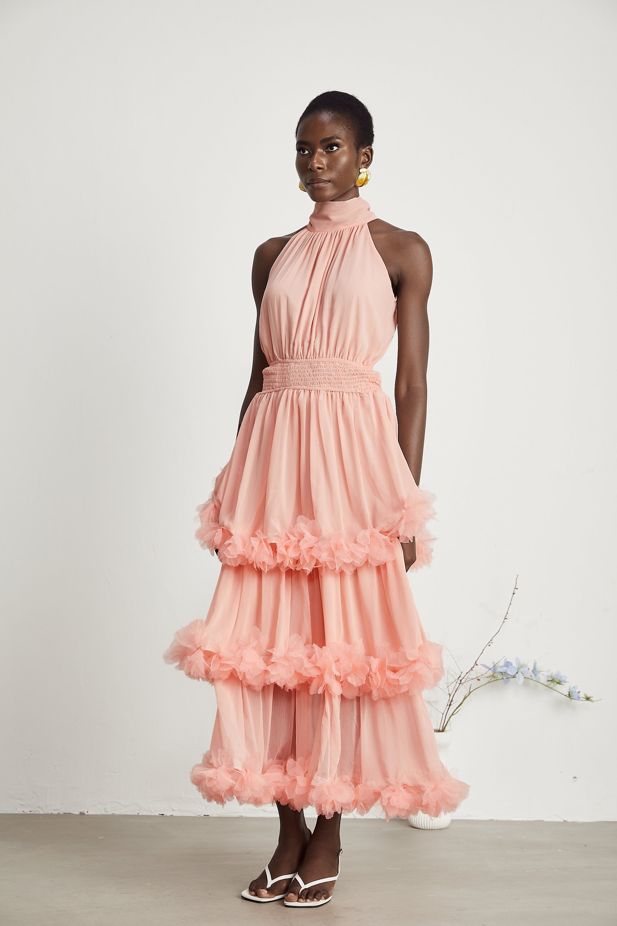 Micah pink 3D-petal tiered midi dress