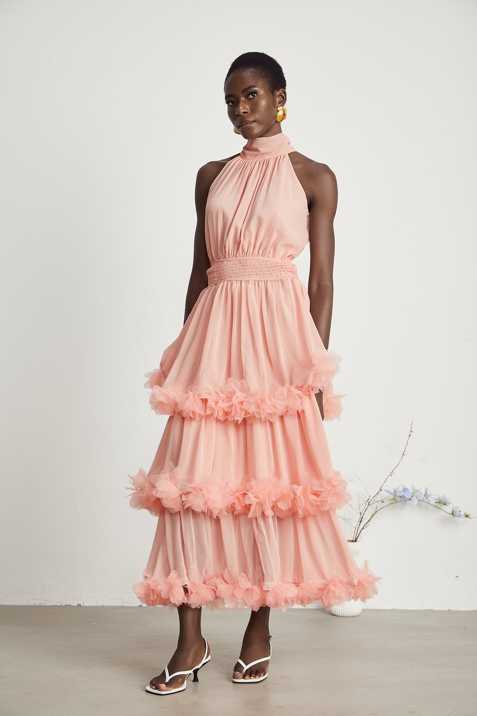 Micah pink 3D-petal tiered midi dress