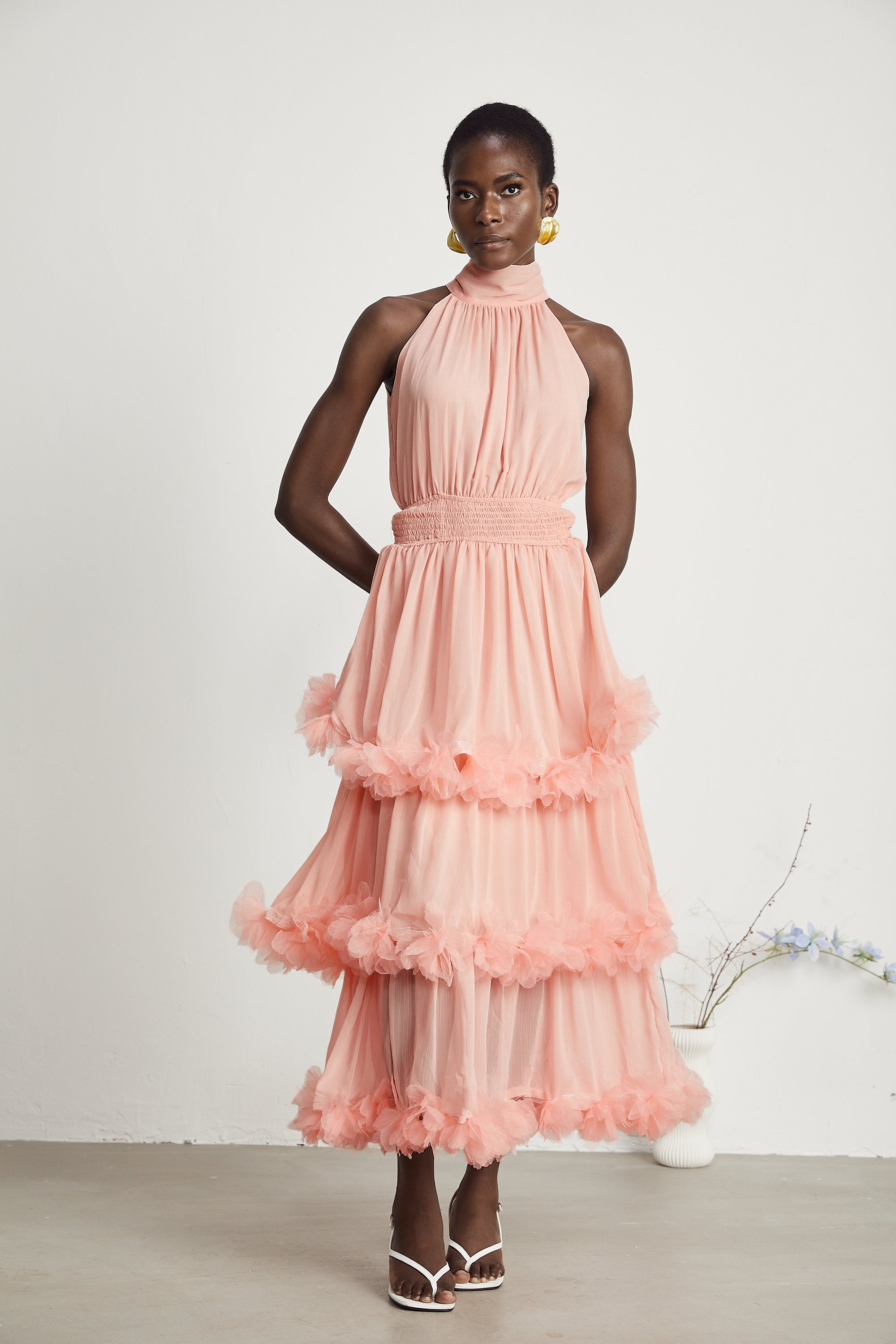 Micah pink 3D-petal tiered midi dress