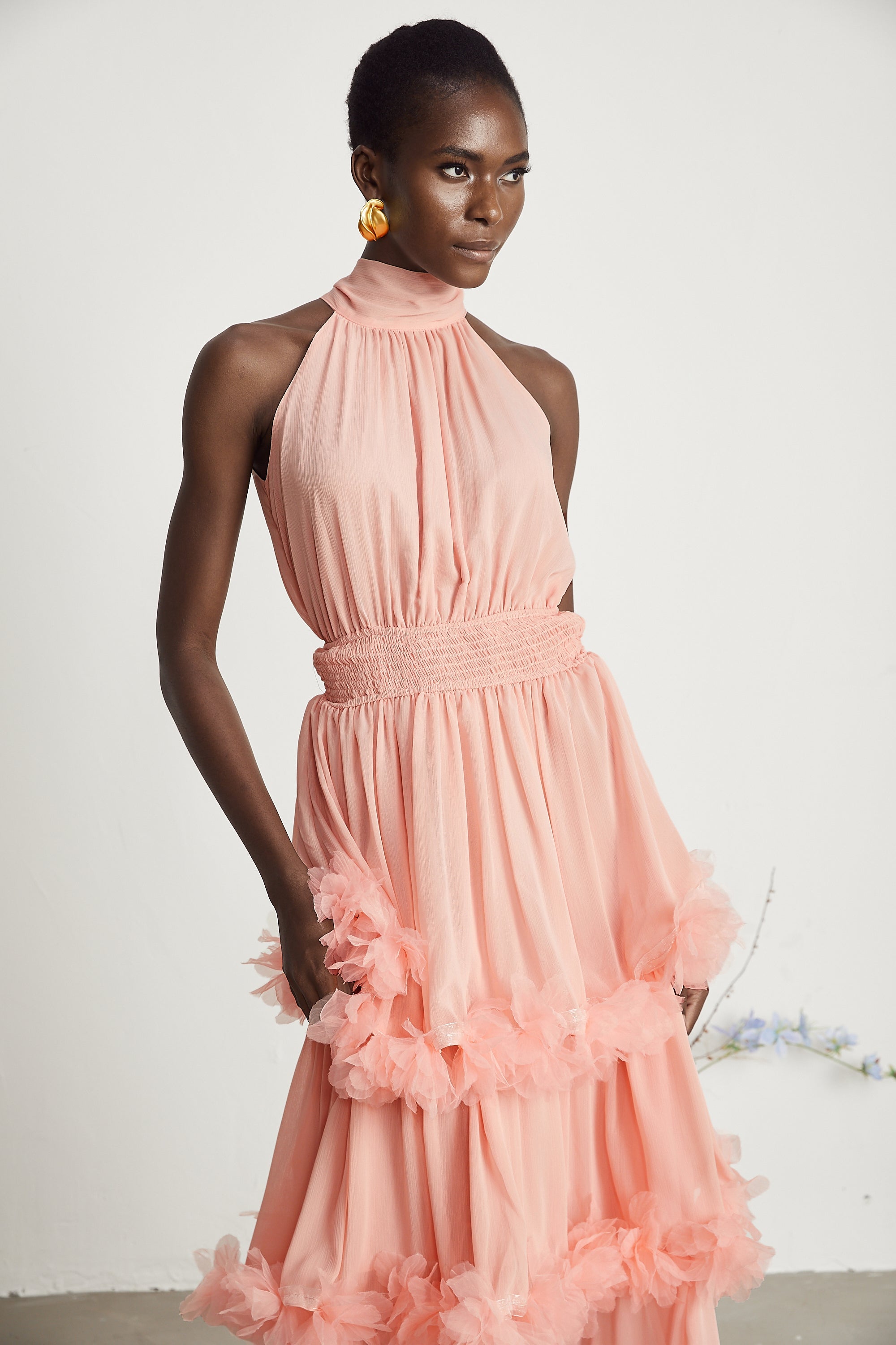 Micah pink 3D-petal tiered midi dress