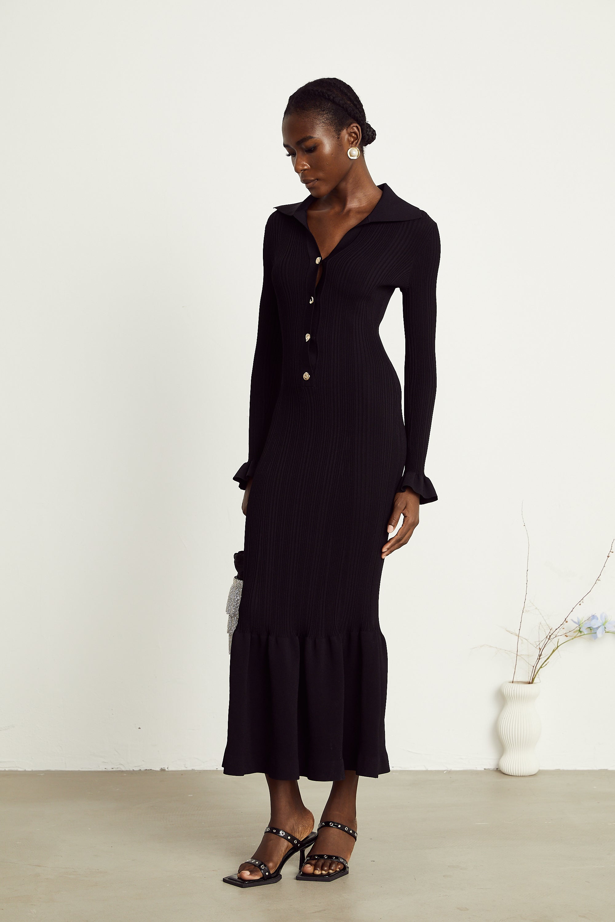 Priscille black ruffled midi dress