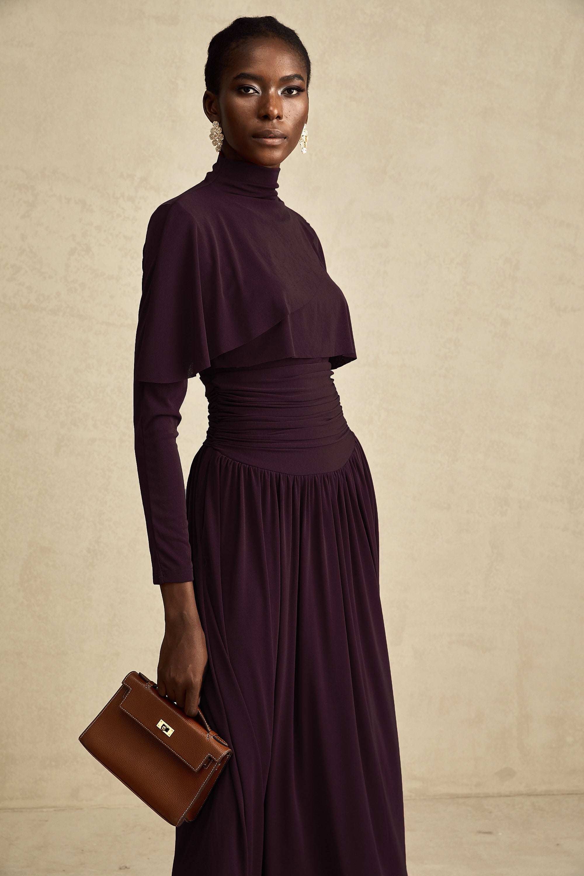 Camille Red Ruched Midi Dress with Flap Design Detail