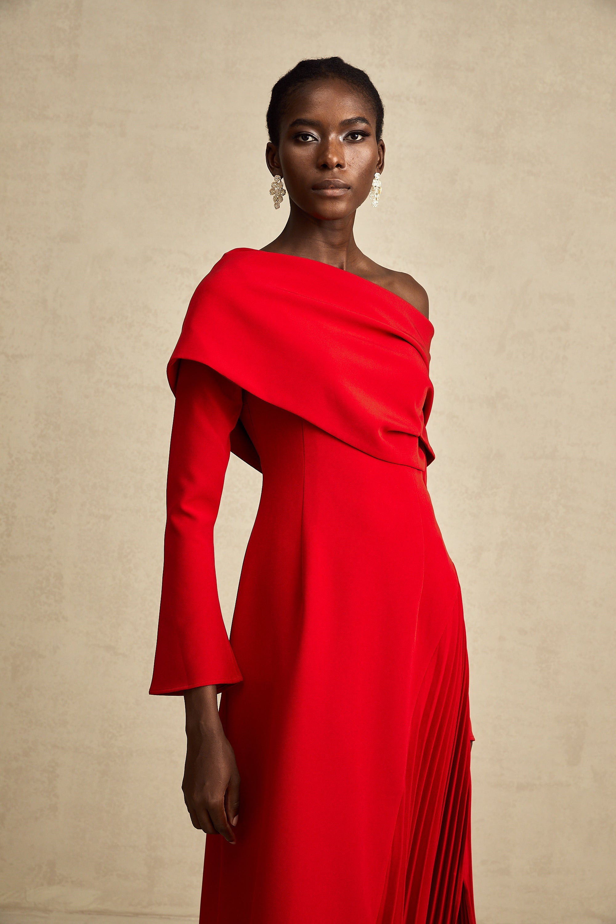 Valentine Red Pleated Maxi Dress with High Slit