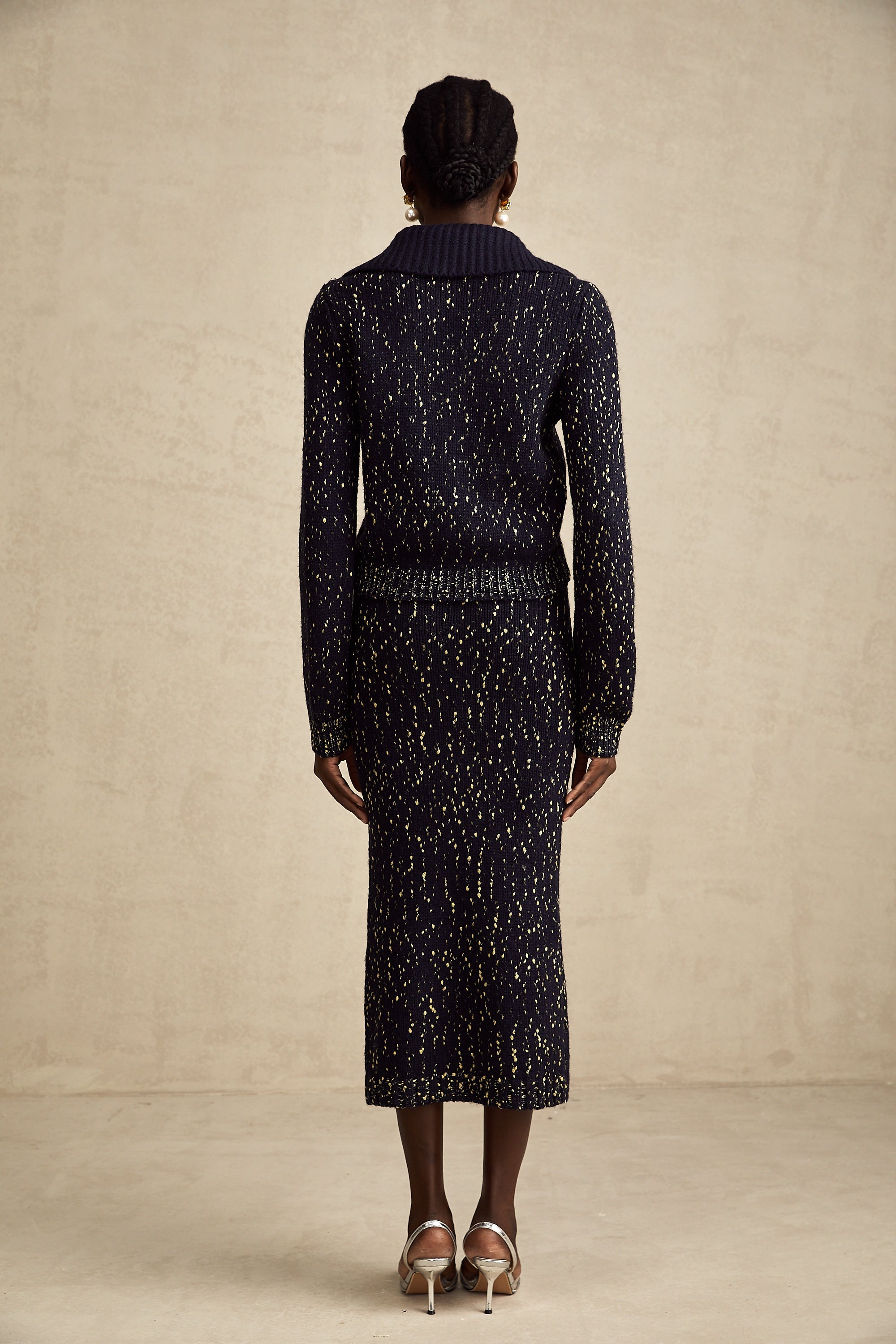 Claudine navy crochet-knit jacket & skirt matching set