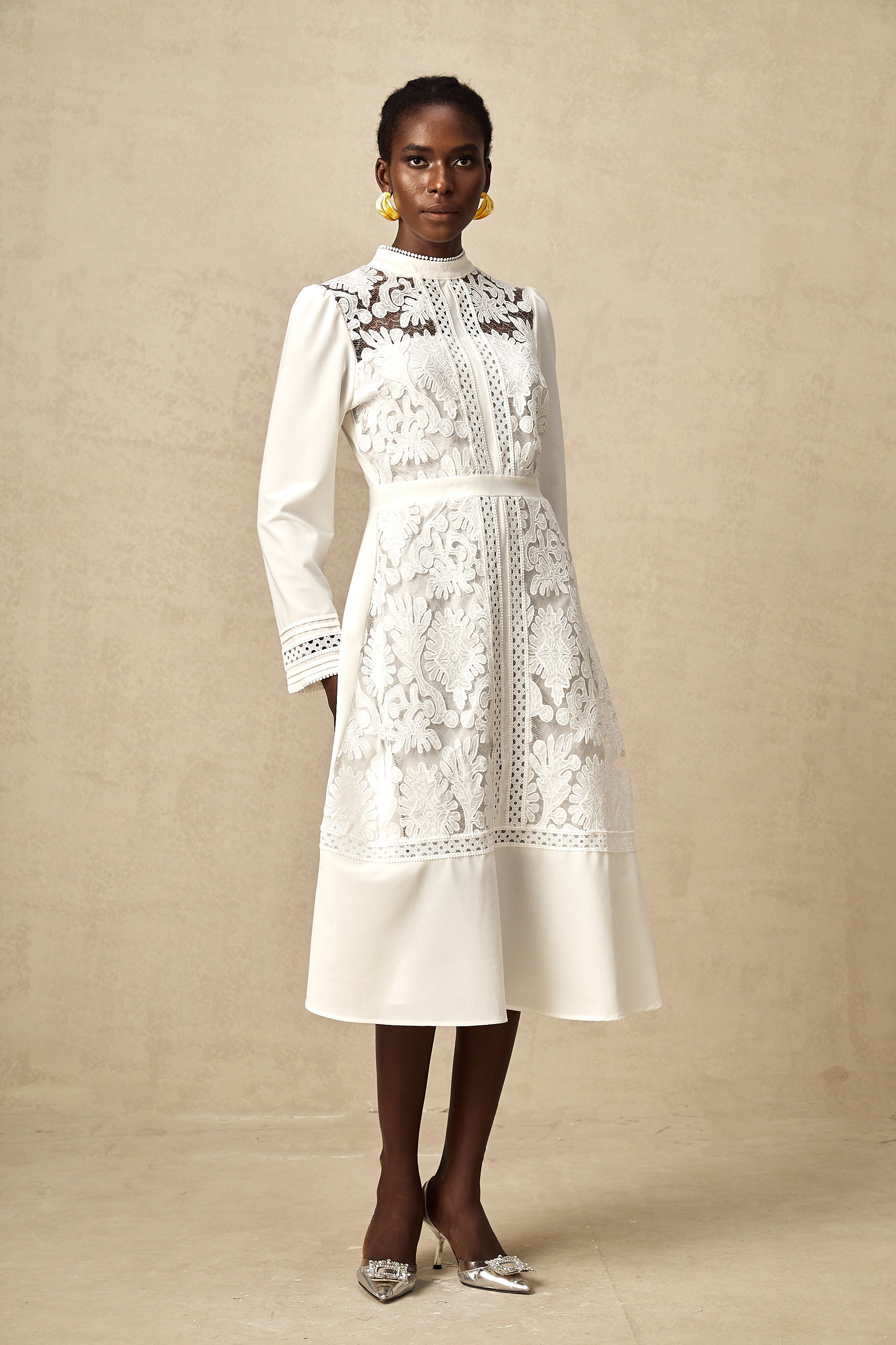 Madeleine white panelled embroidered midi dress