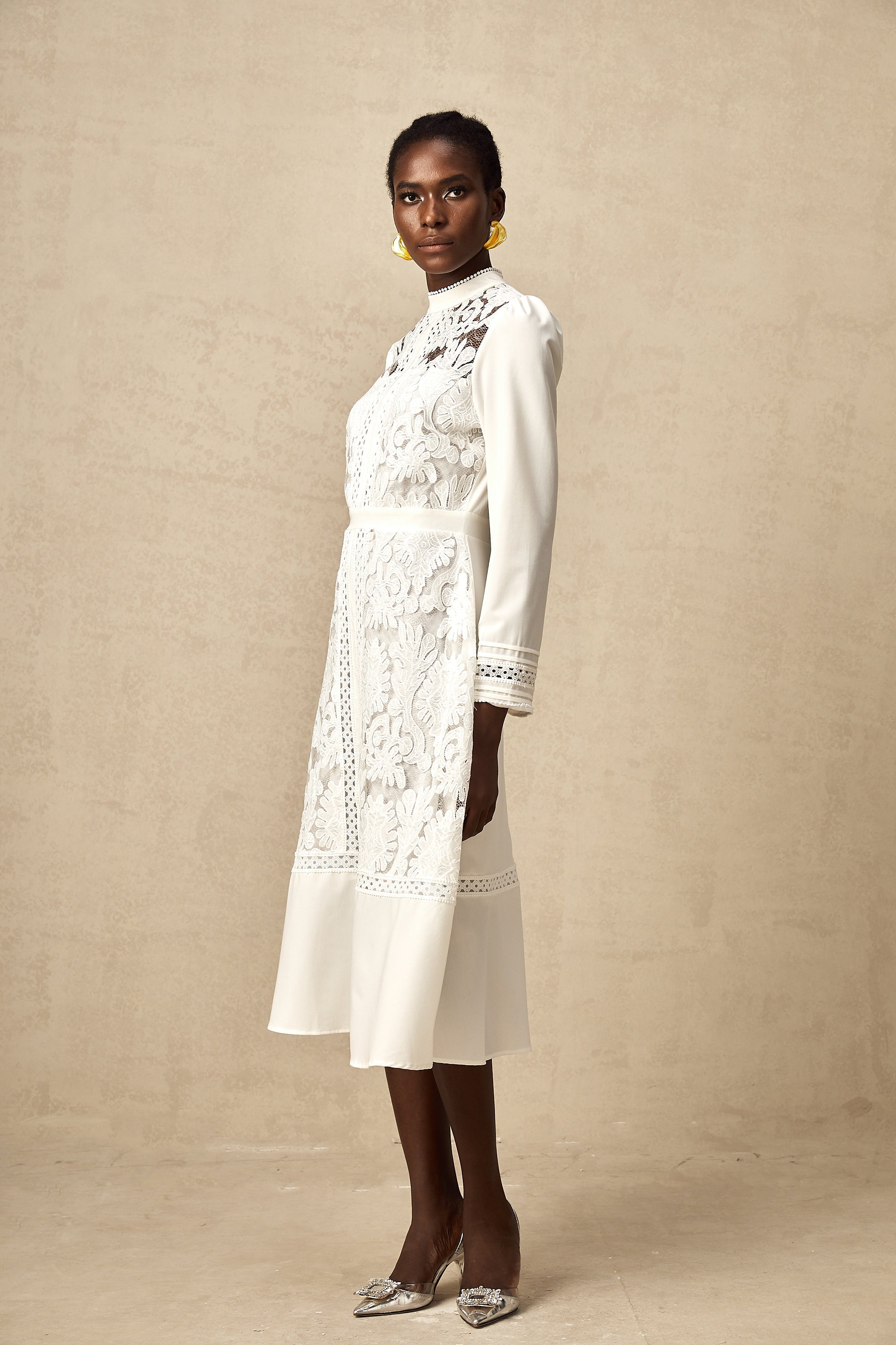 Madeleine white panelled embroidered midi dress