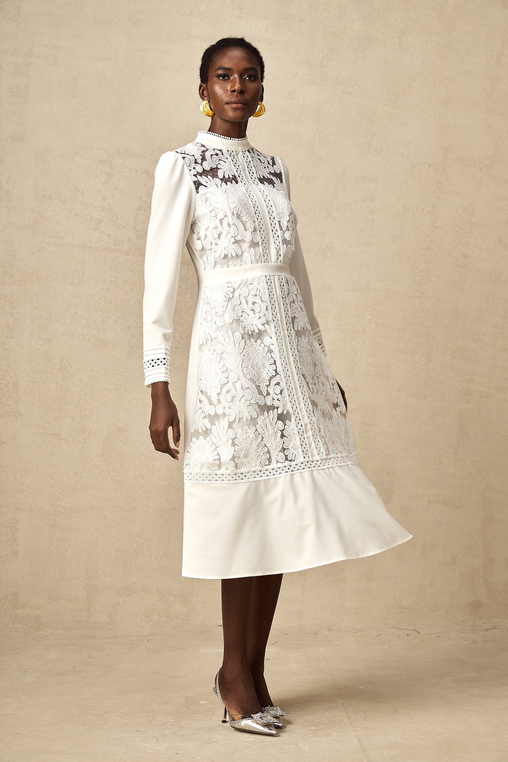 Madeleine white panelled embroidered midi dress