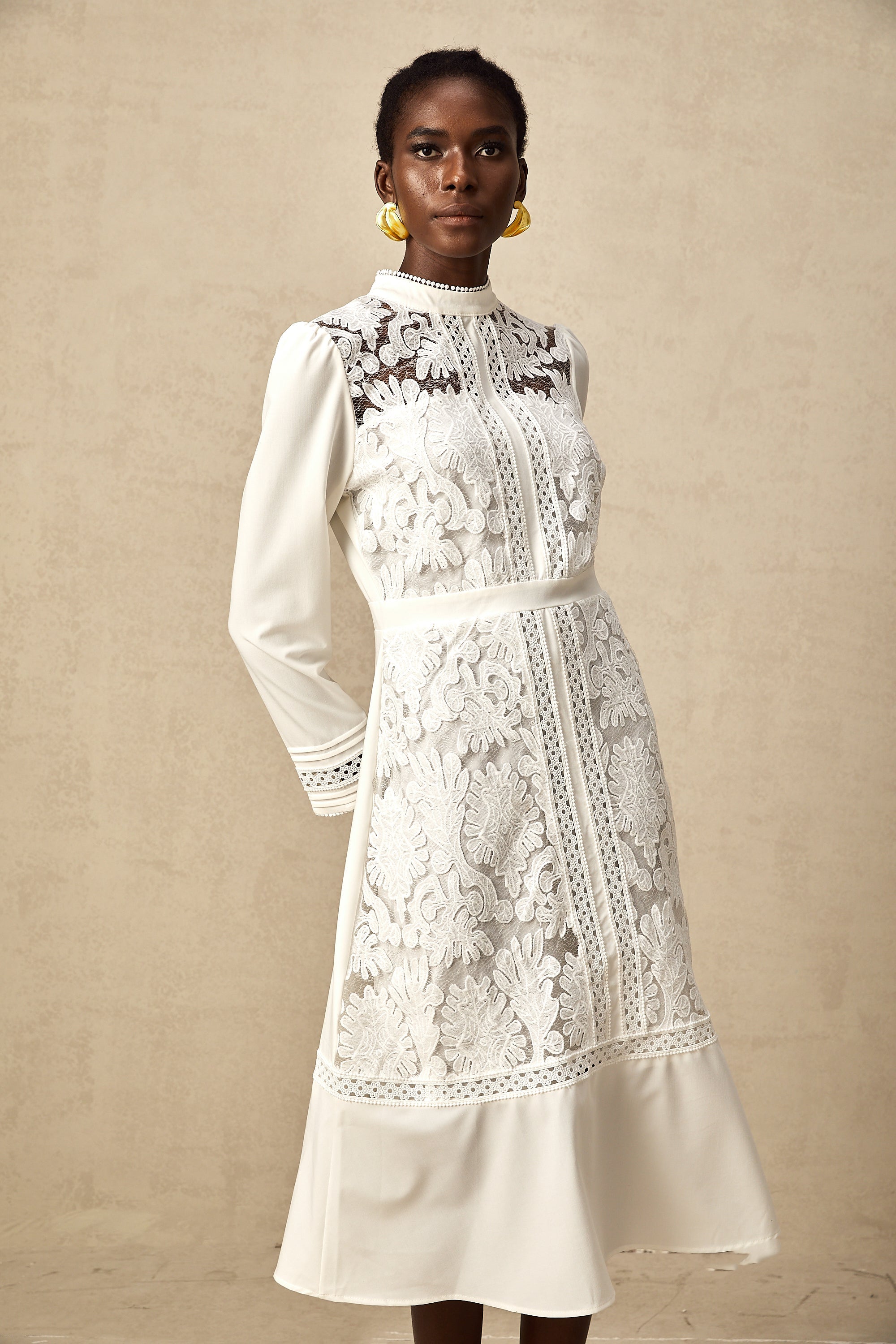 Madeleine white panelled embroidered midi dress
