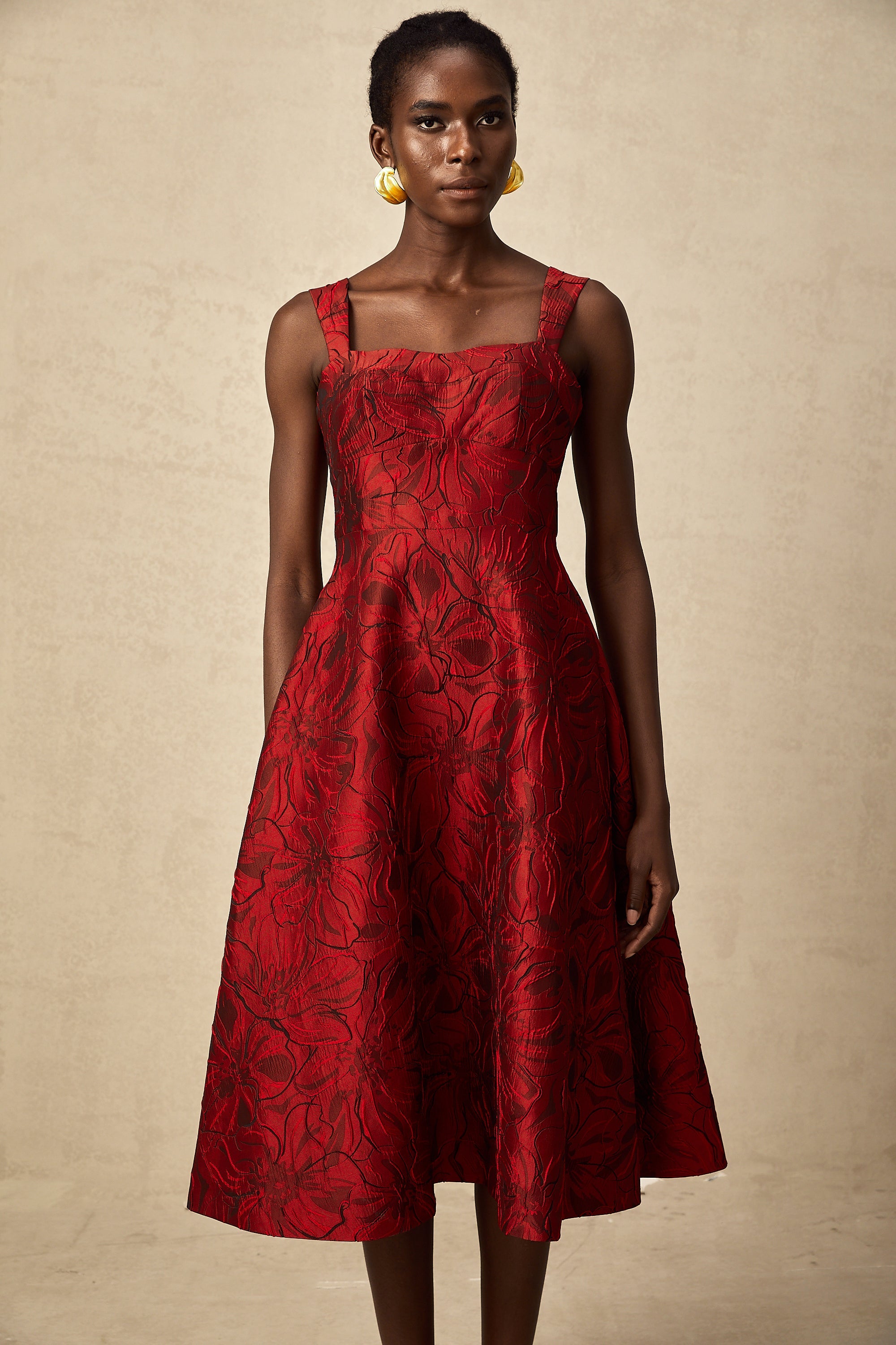 Hélène red floral-jacquard midi dress