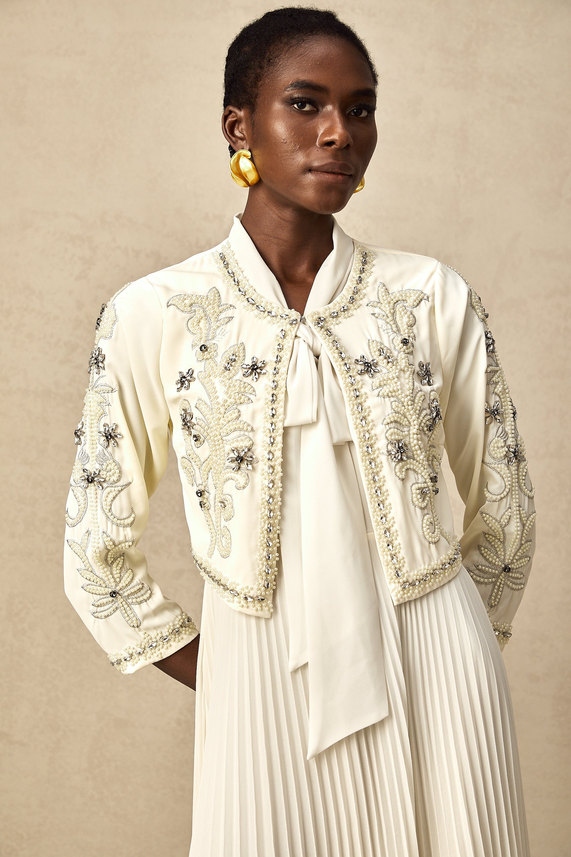 Blanche White Embellished Pleated Two-Piece Jacket and Dress Set