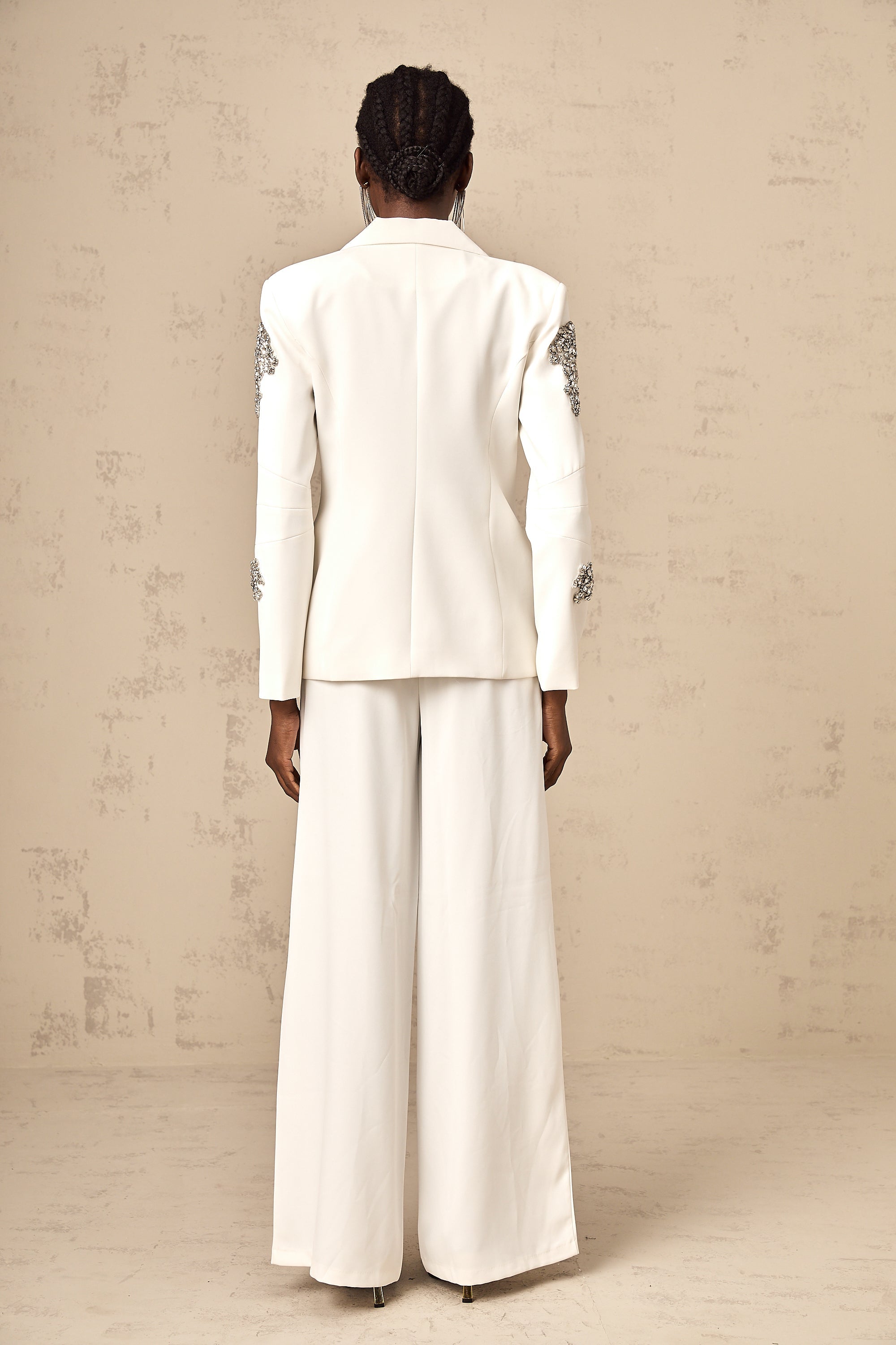 Edvige white crystal-embellished blazer & trousers matching set
