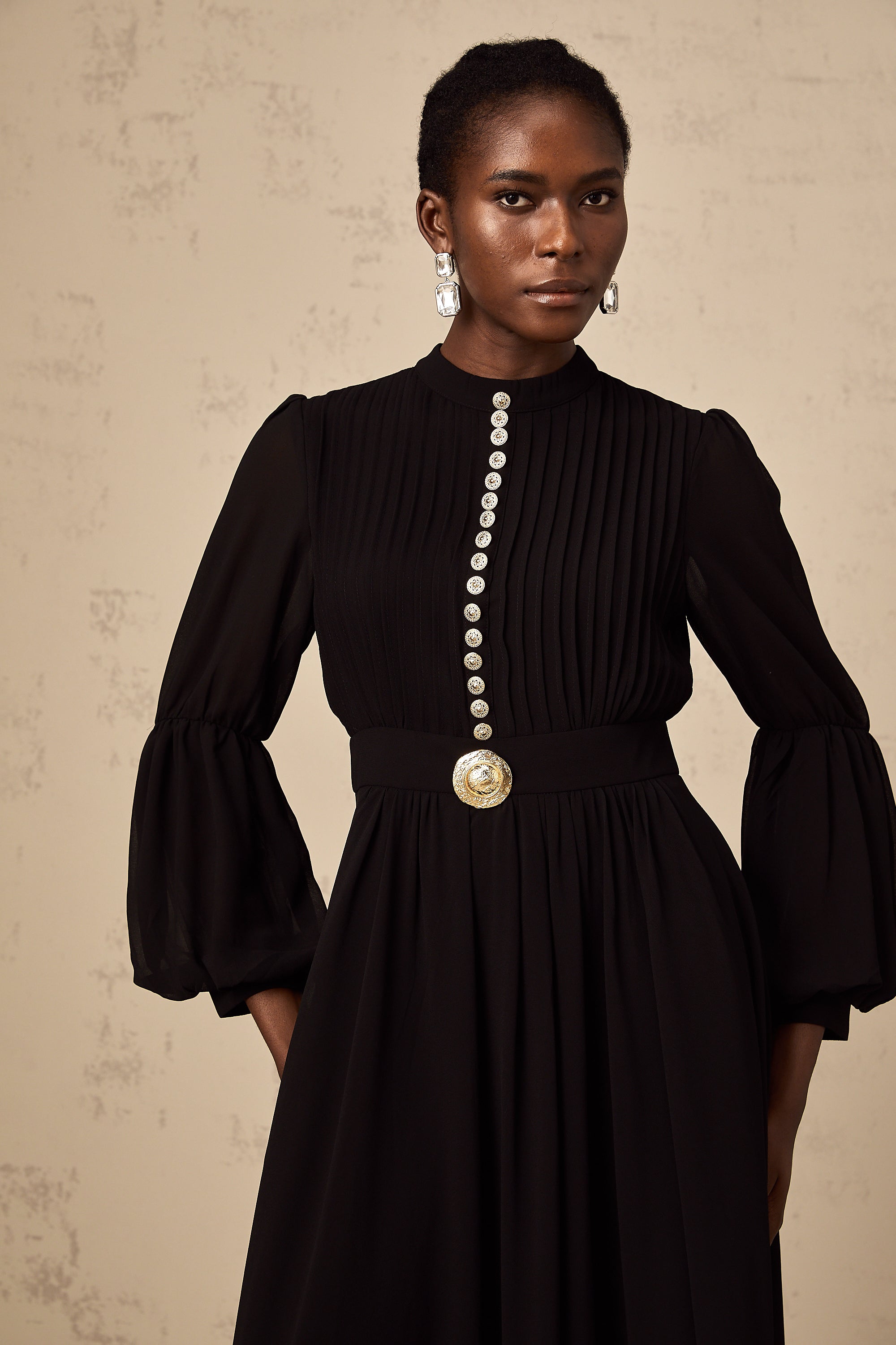 Viviane black pleated button-front midi dress