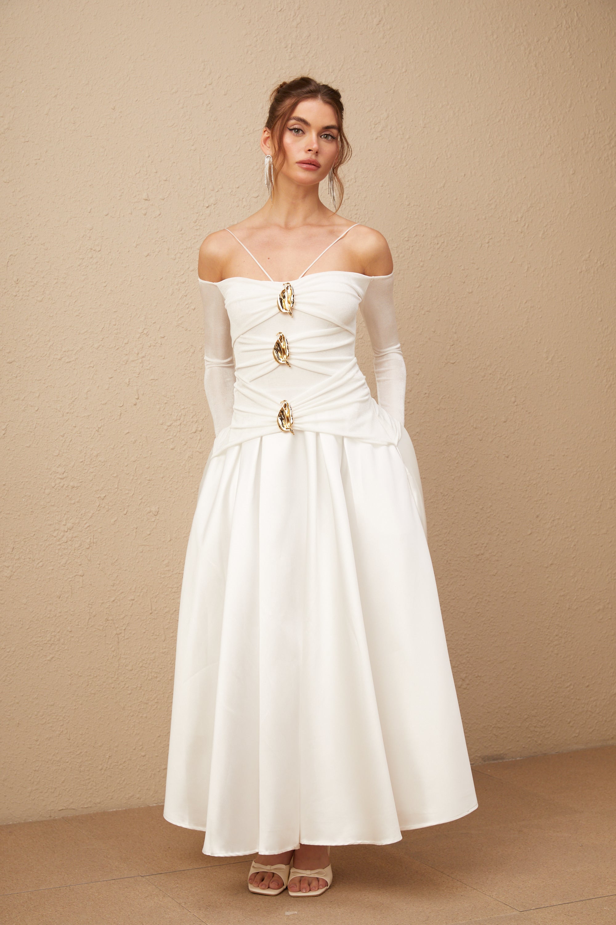 Nadine off-shoulder panelled maxi dress in White