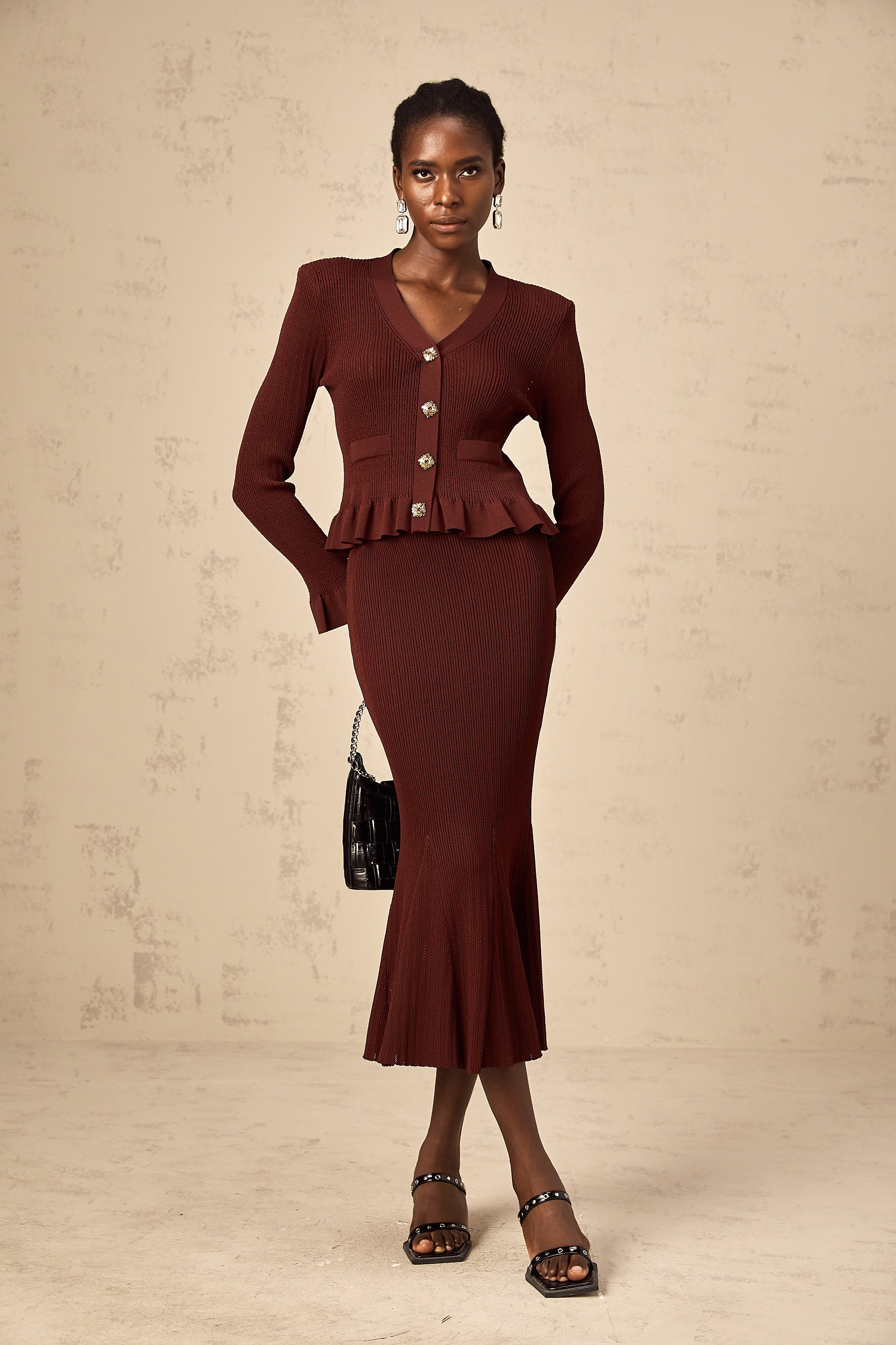 Corrine red ruffled knit top & skirt matching set