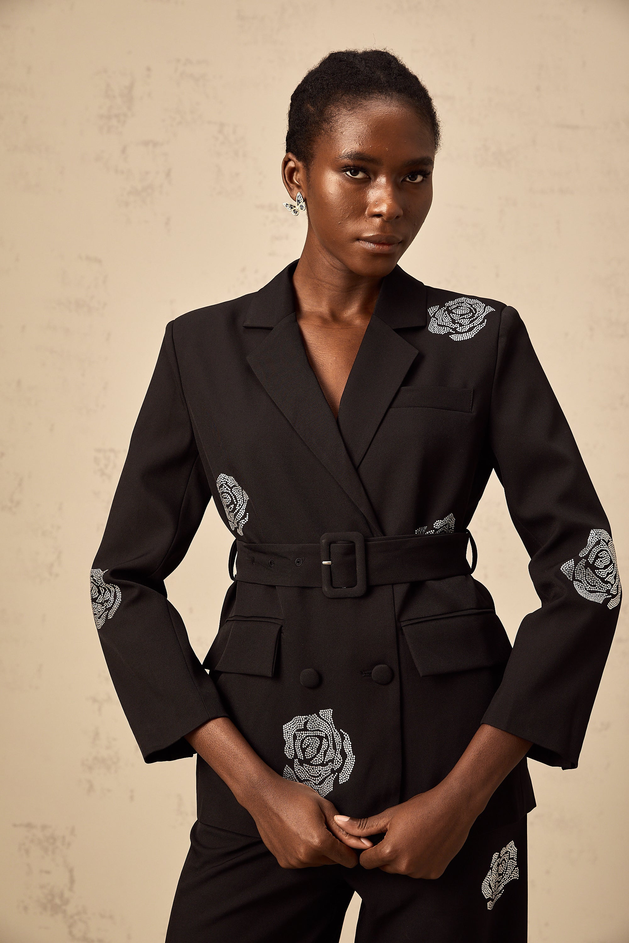 Phoebe black studded-rose blazer & trousers matching set