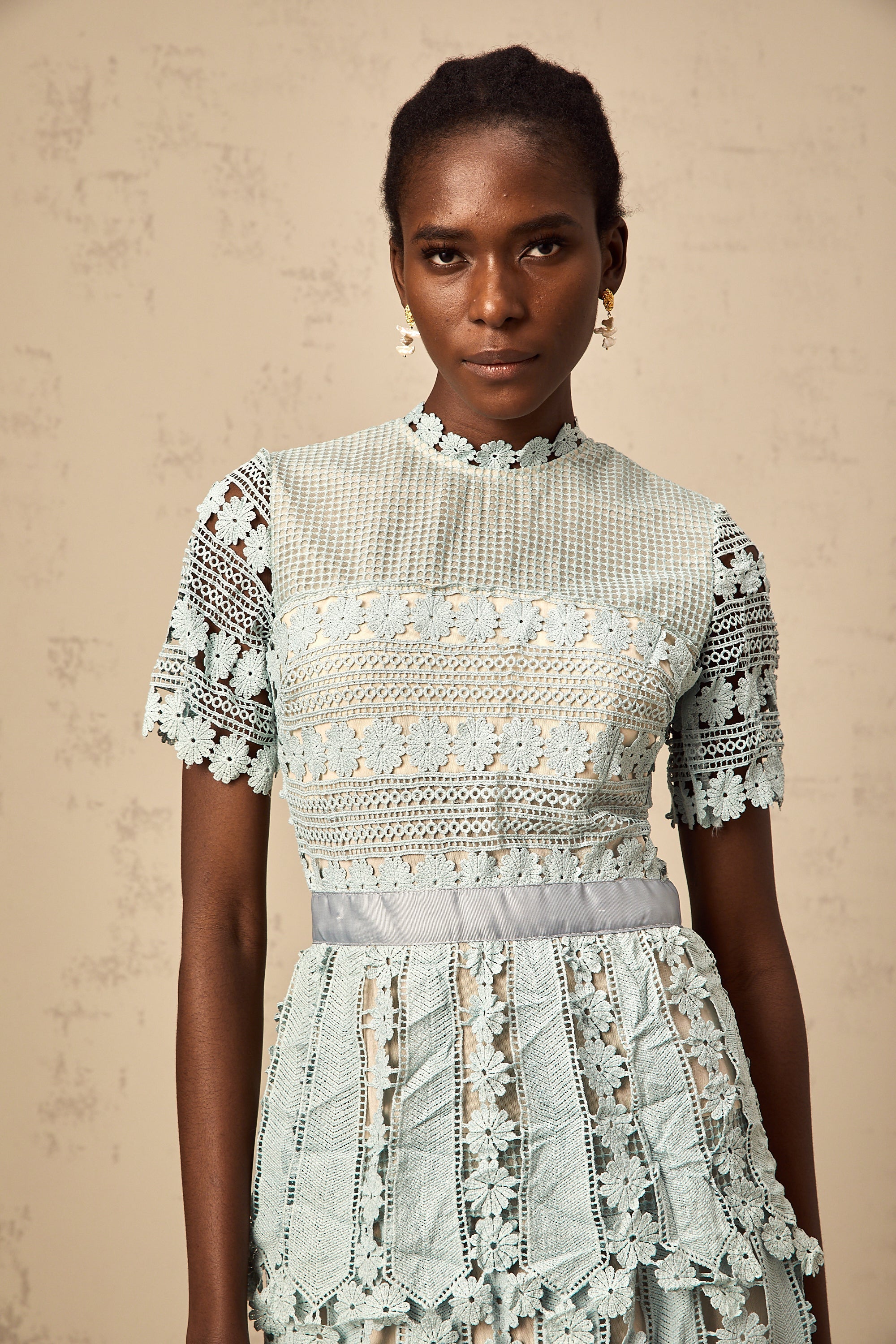 Océane green floral embroidered midi dress