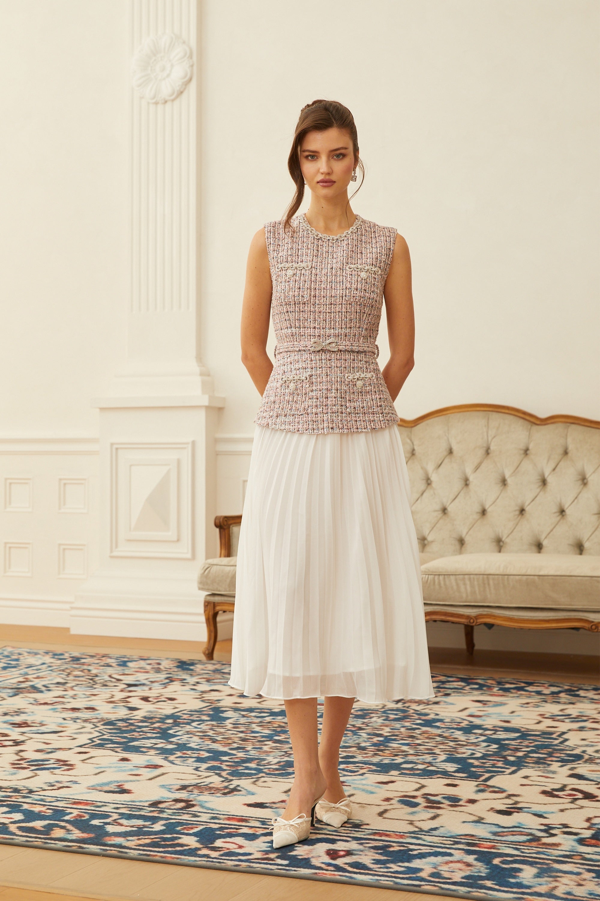 Lola Pink Embellished Tweed Panel Midi Dress