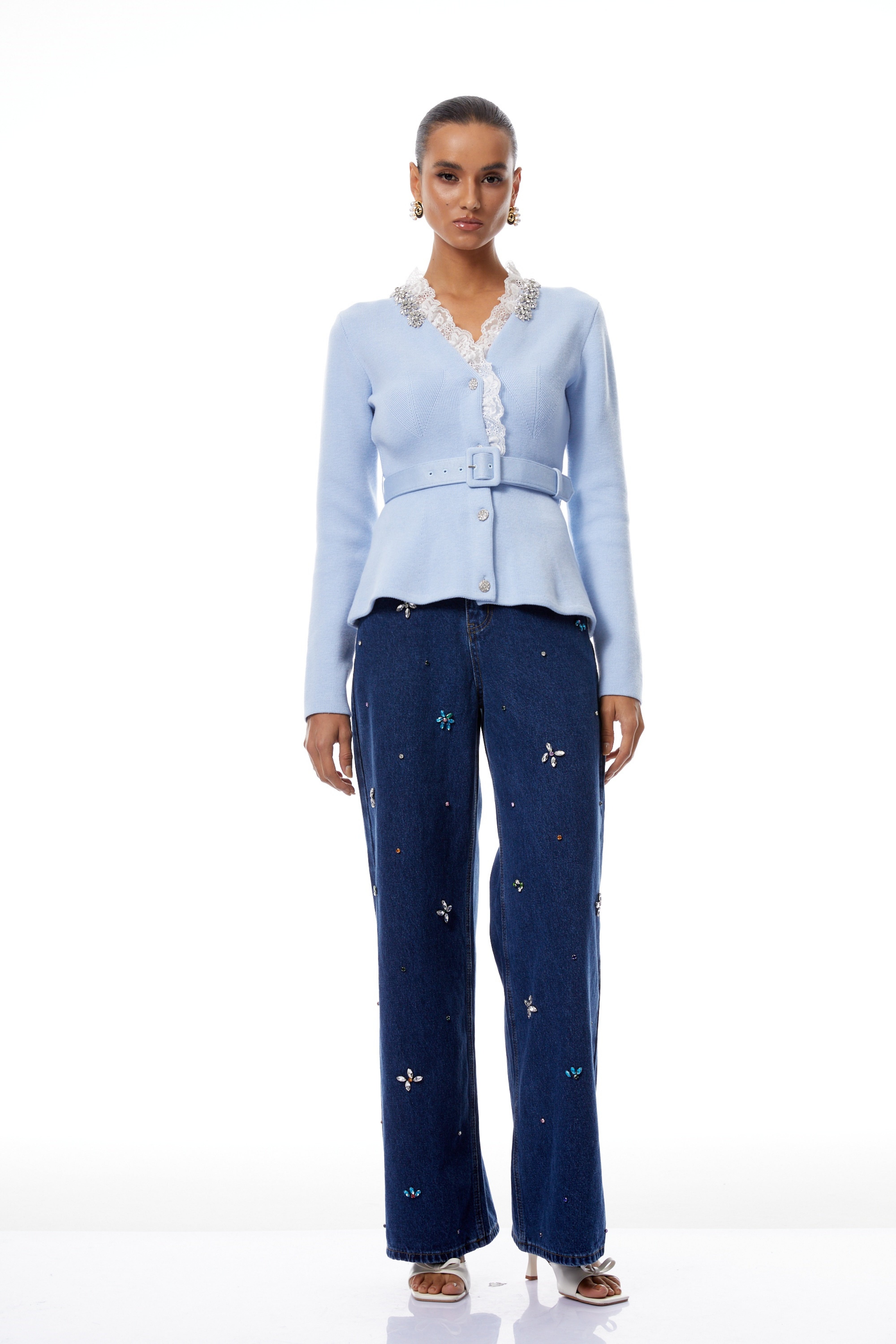 Irina Blue Embellished Ruffled Ribbed Knit Cardigan