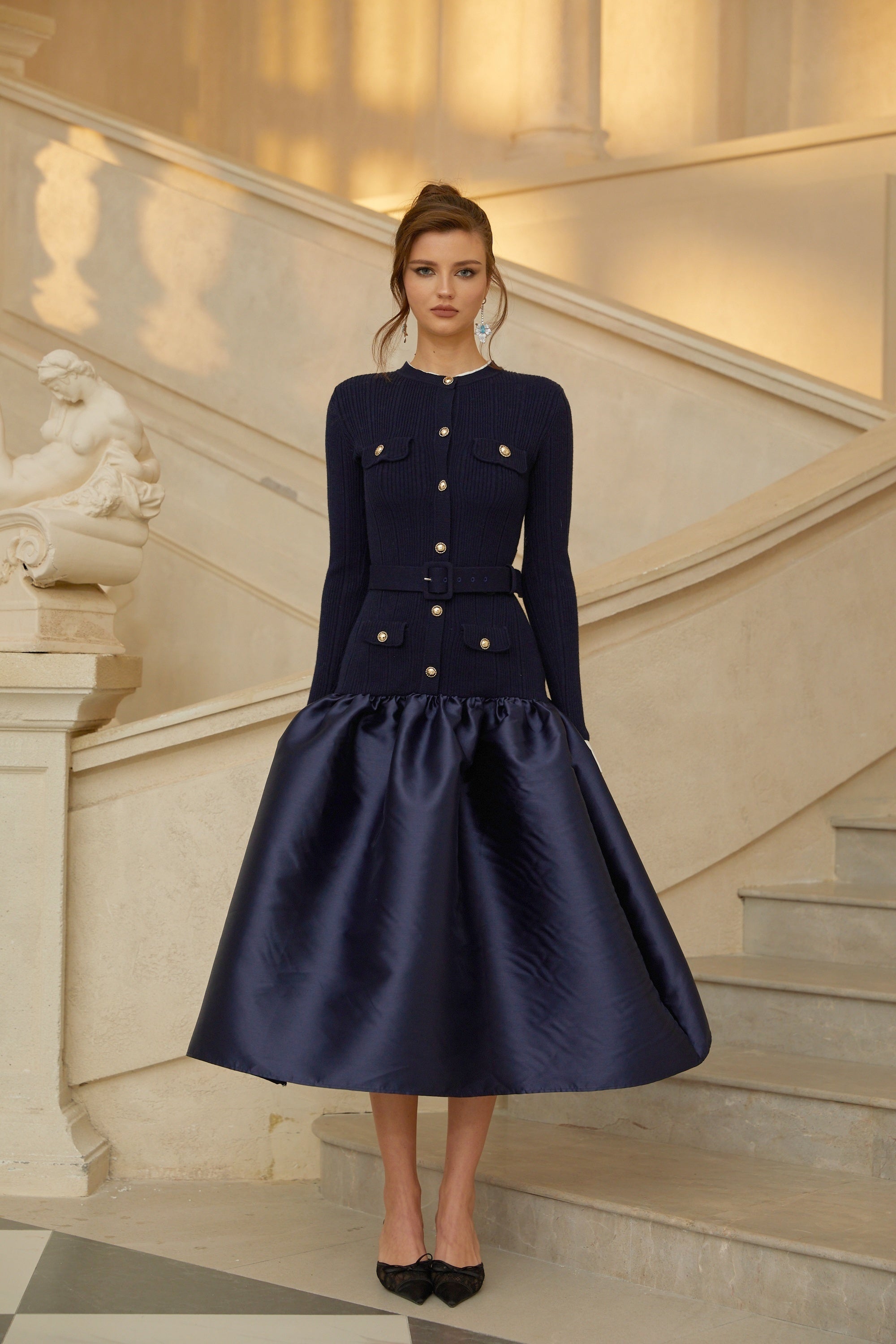 Fern Navy Blue Satin Panel Knit Midi Dress