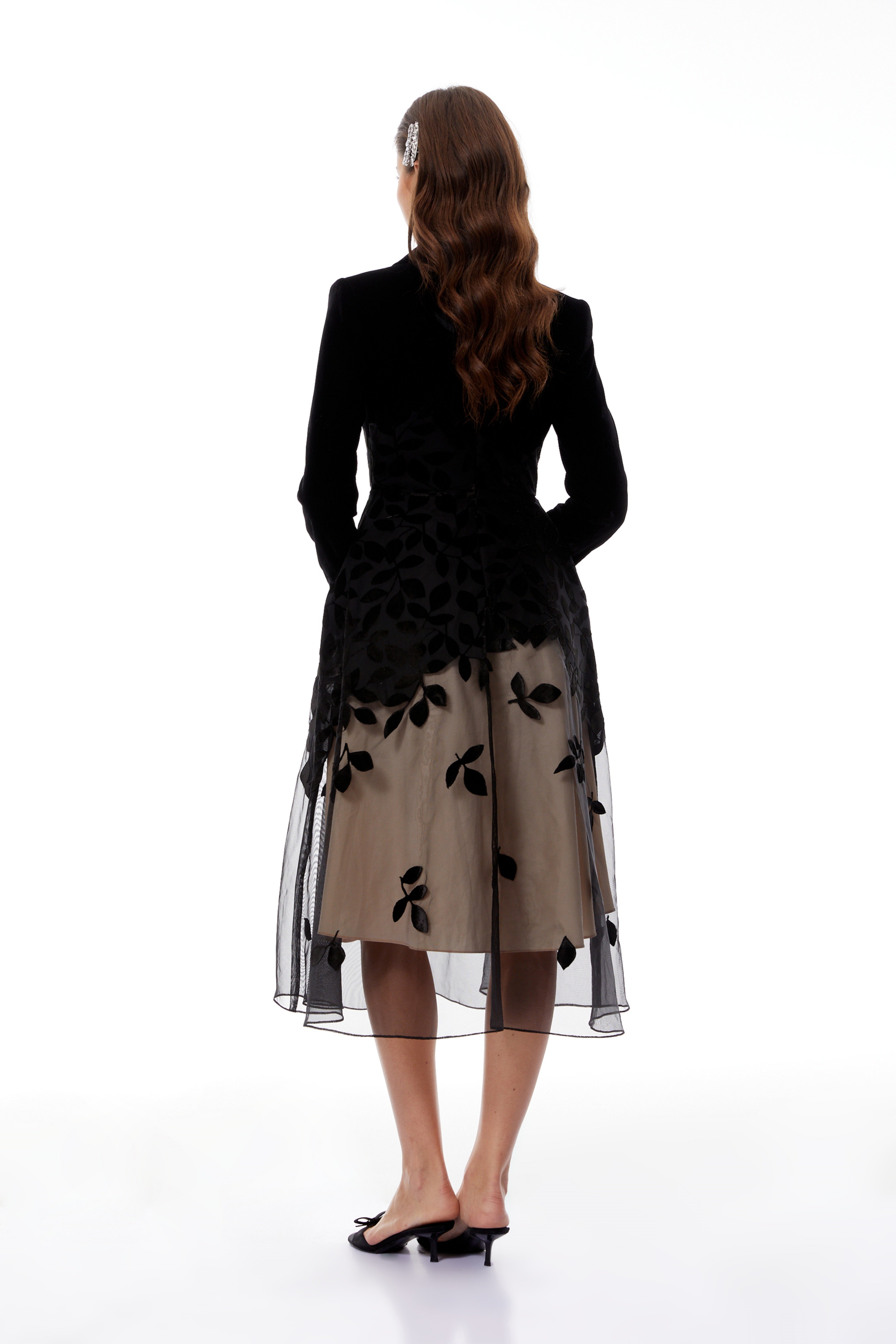 Brielle Black Leaf Embroidered Velvet Midi Dress