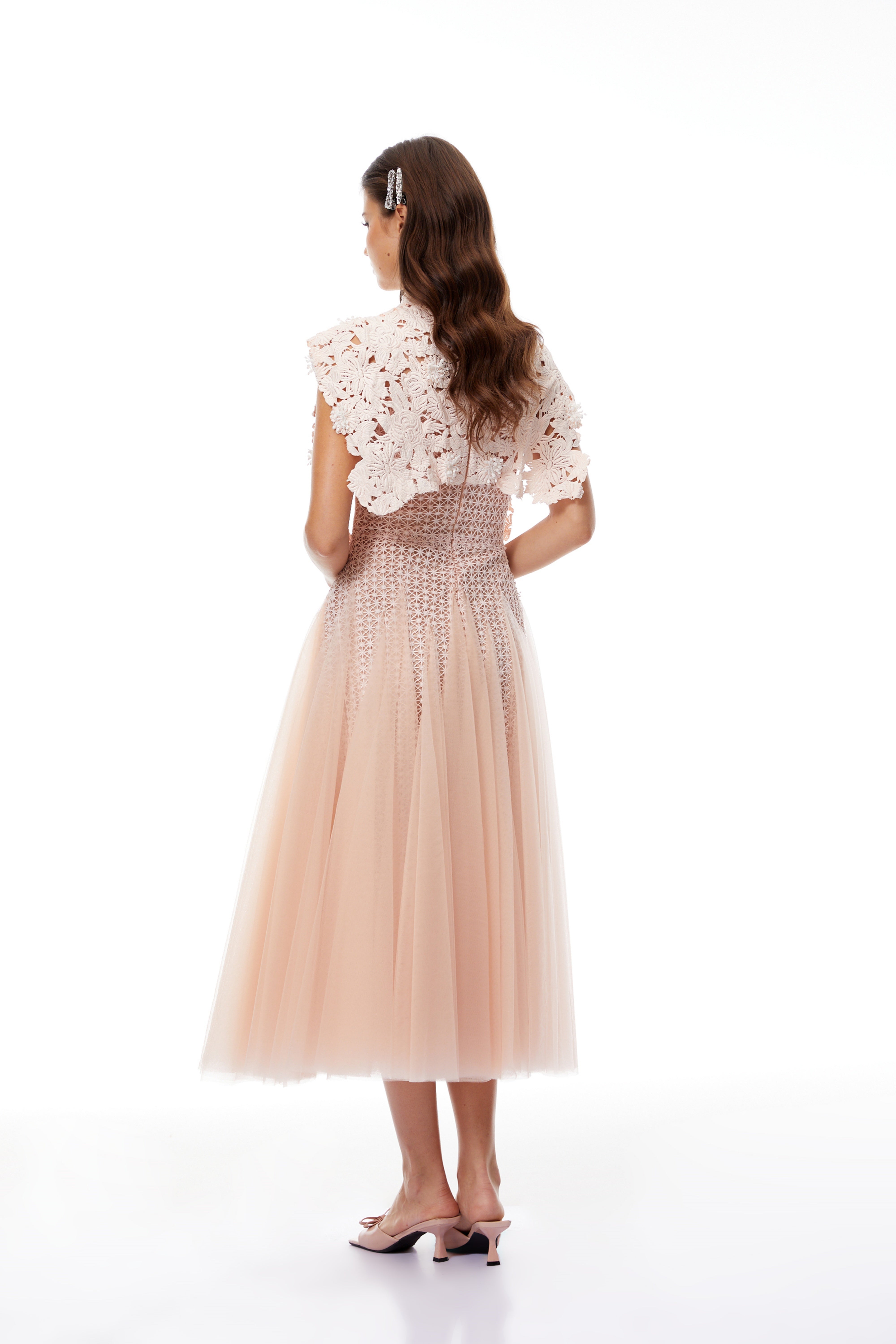 Margaret Light Pink Floral Crochet Midi Dress