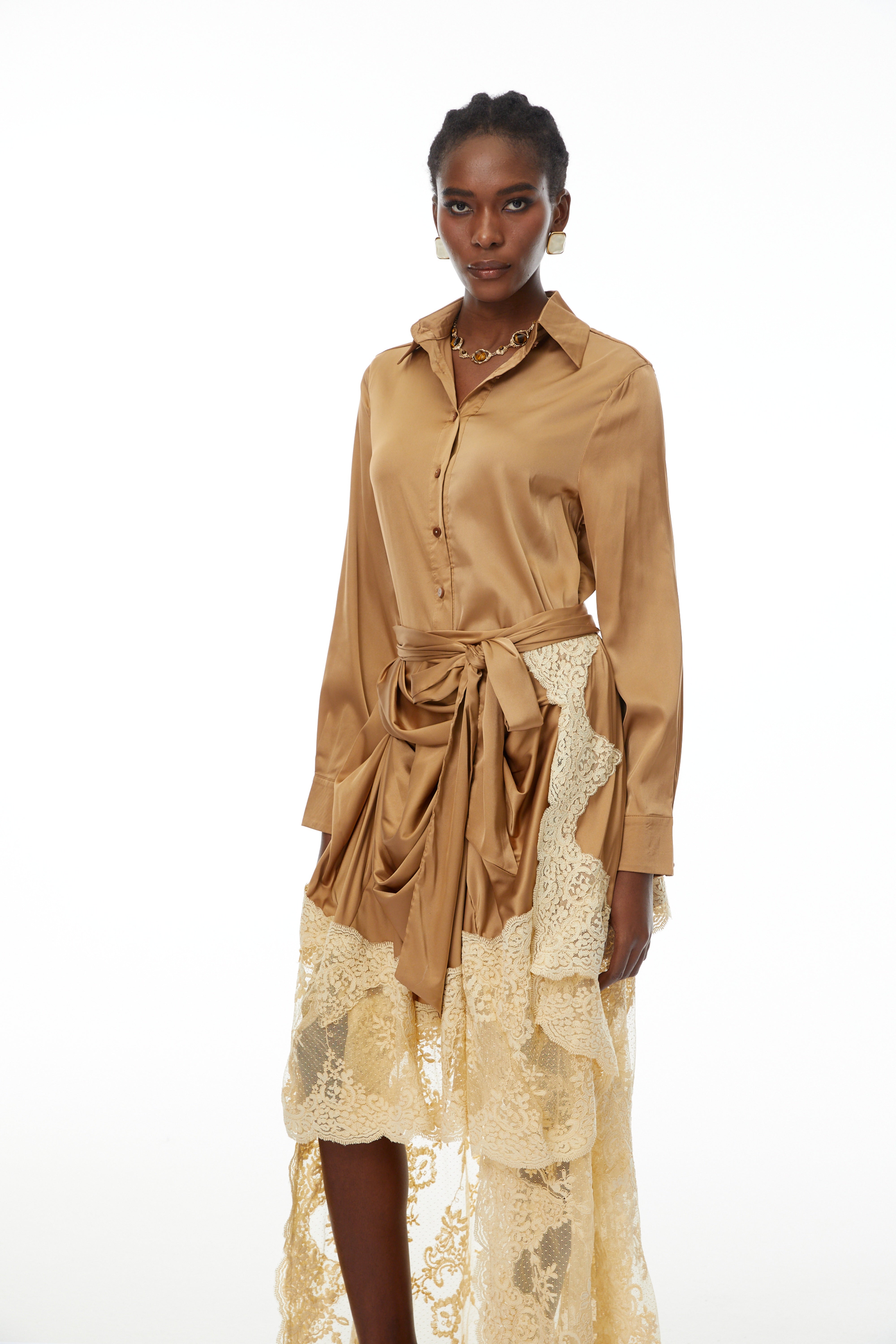 Pascale Brown Satin Shirt & Lace Skirt Set