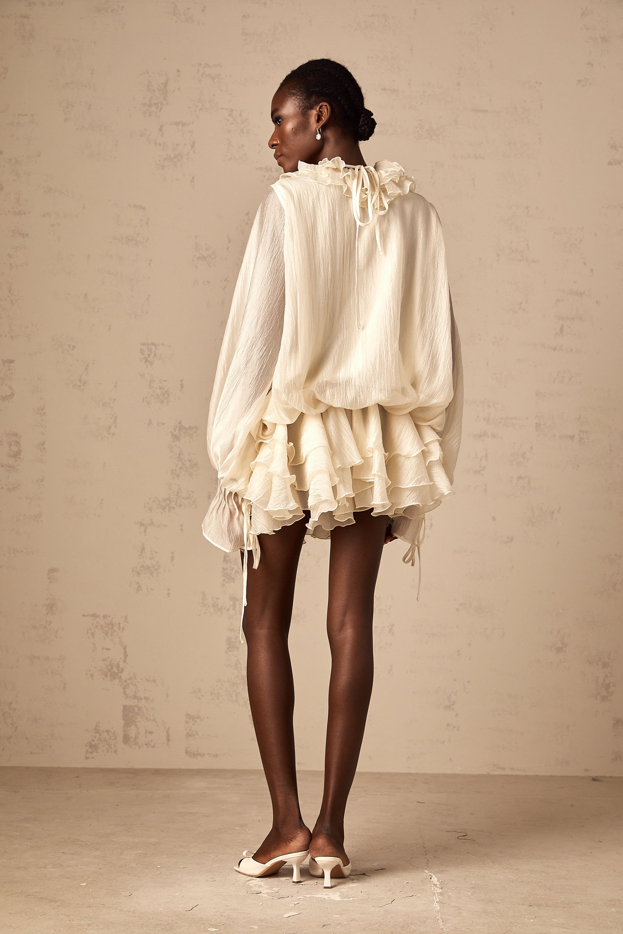 Zéphyrine floral-appliqué tiered mini dress in Neutrals