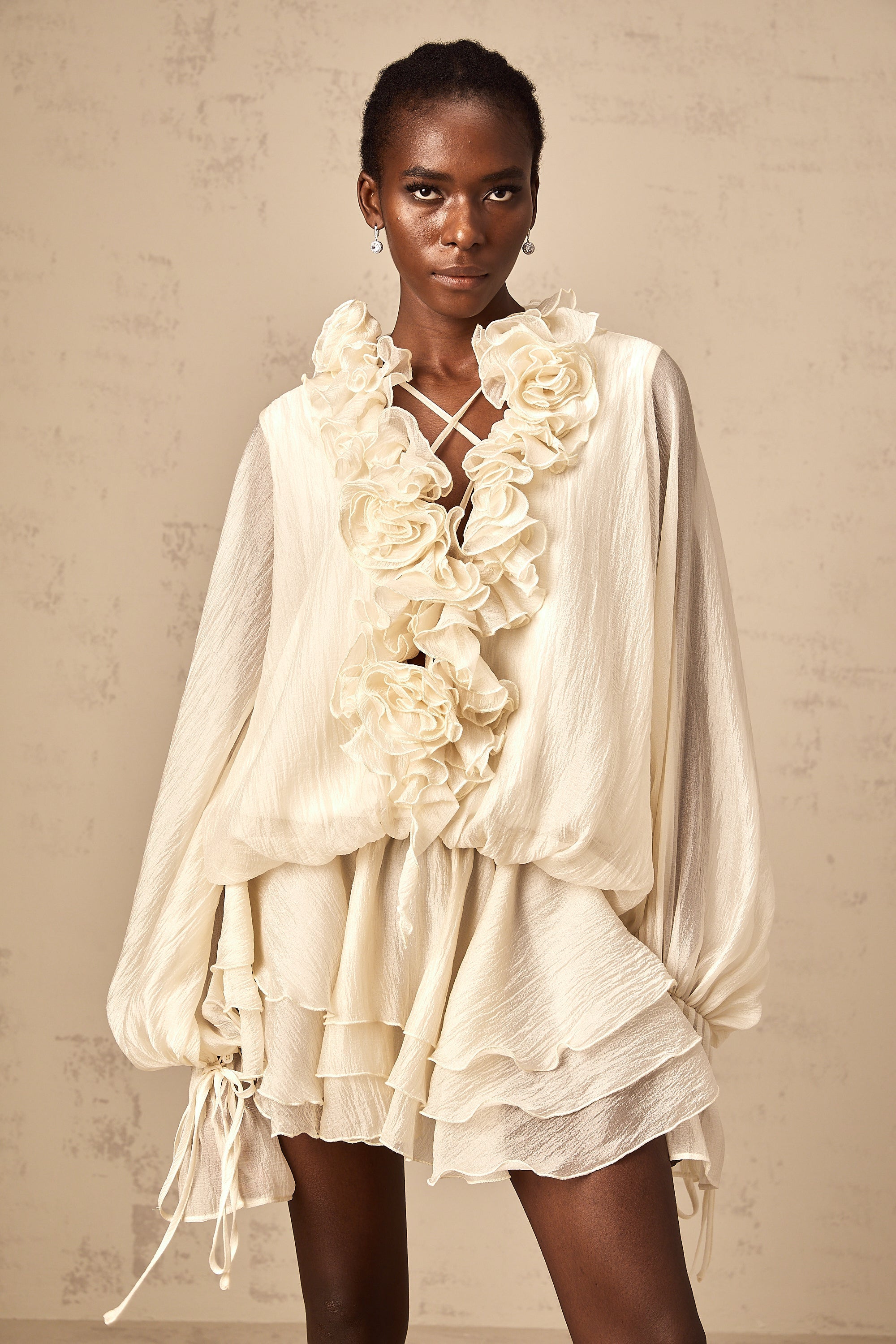 Zéphyrine floral-appliqué tiered mini dress in Neutrals