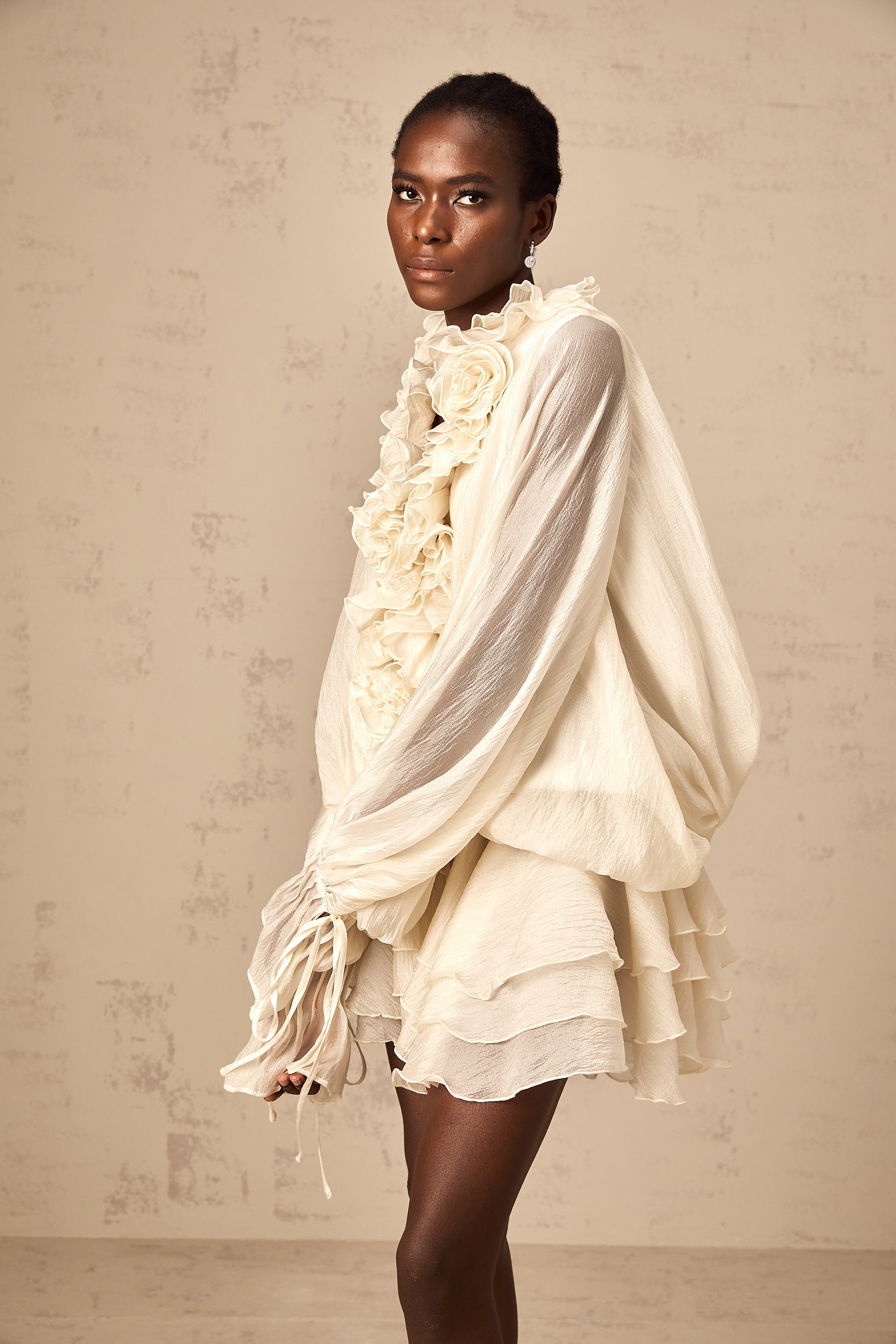 Zéphyrine floral-appliqué tiered mini dress in Neutrals