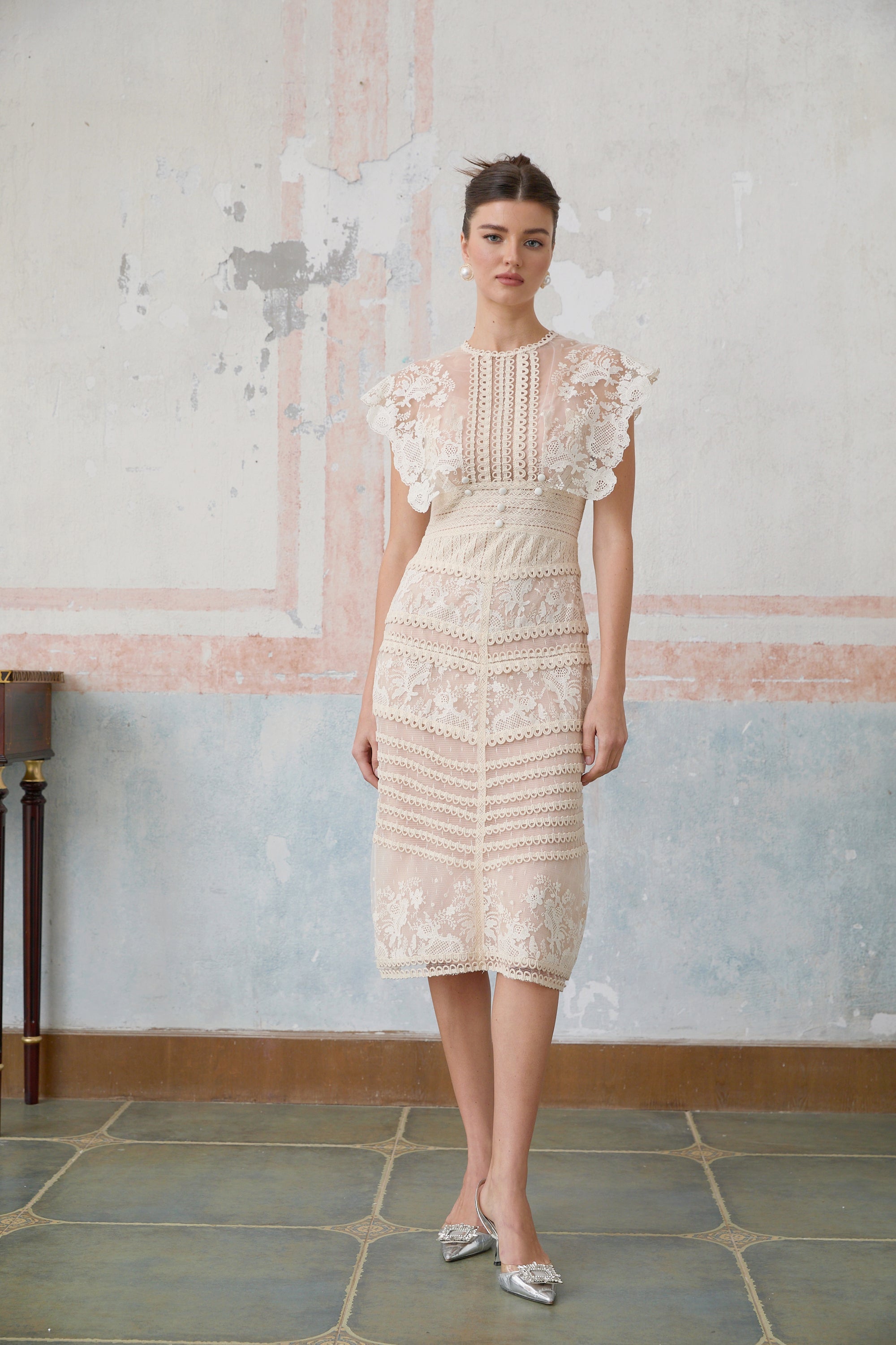 Fleur floral-embroidered lace midi dress in Neutrals