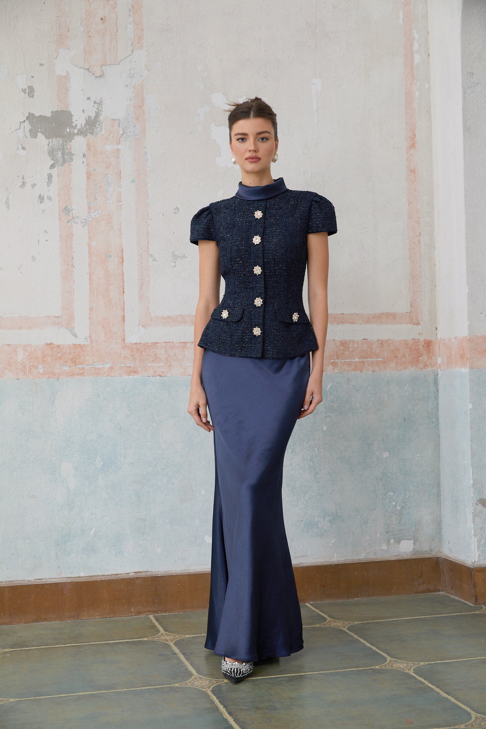 Josette blue peplum-waist panelled maxi dress