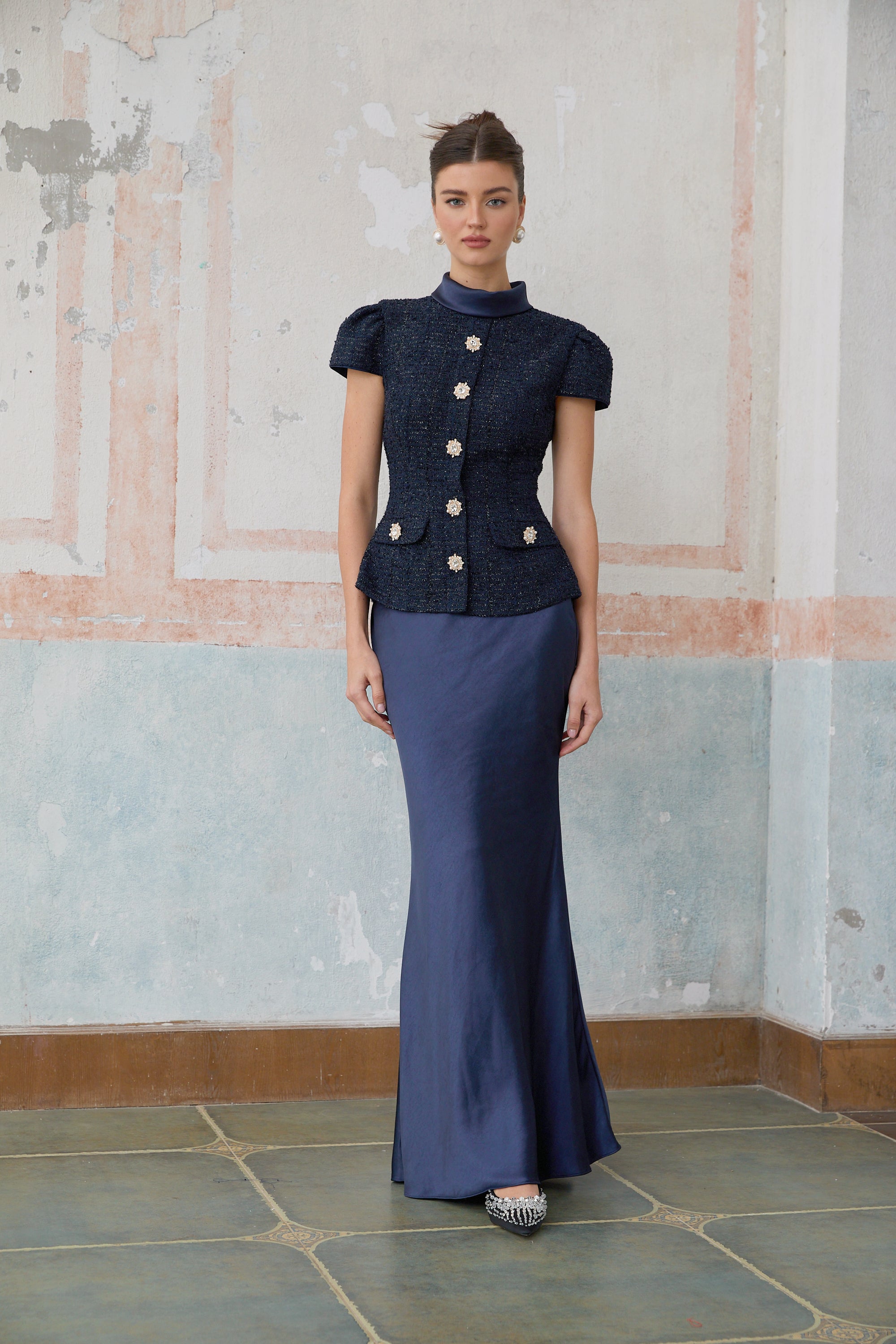 Josette blue peplum-waist panelled maxi dress