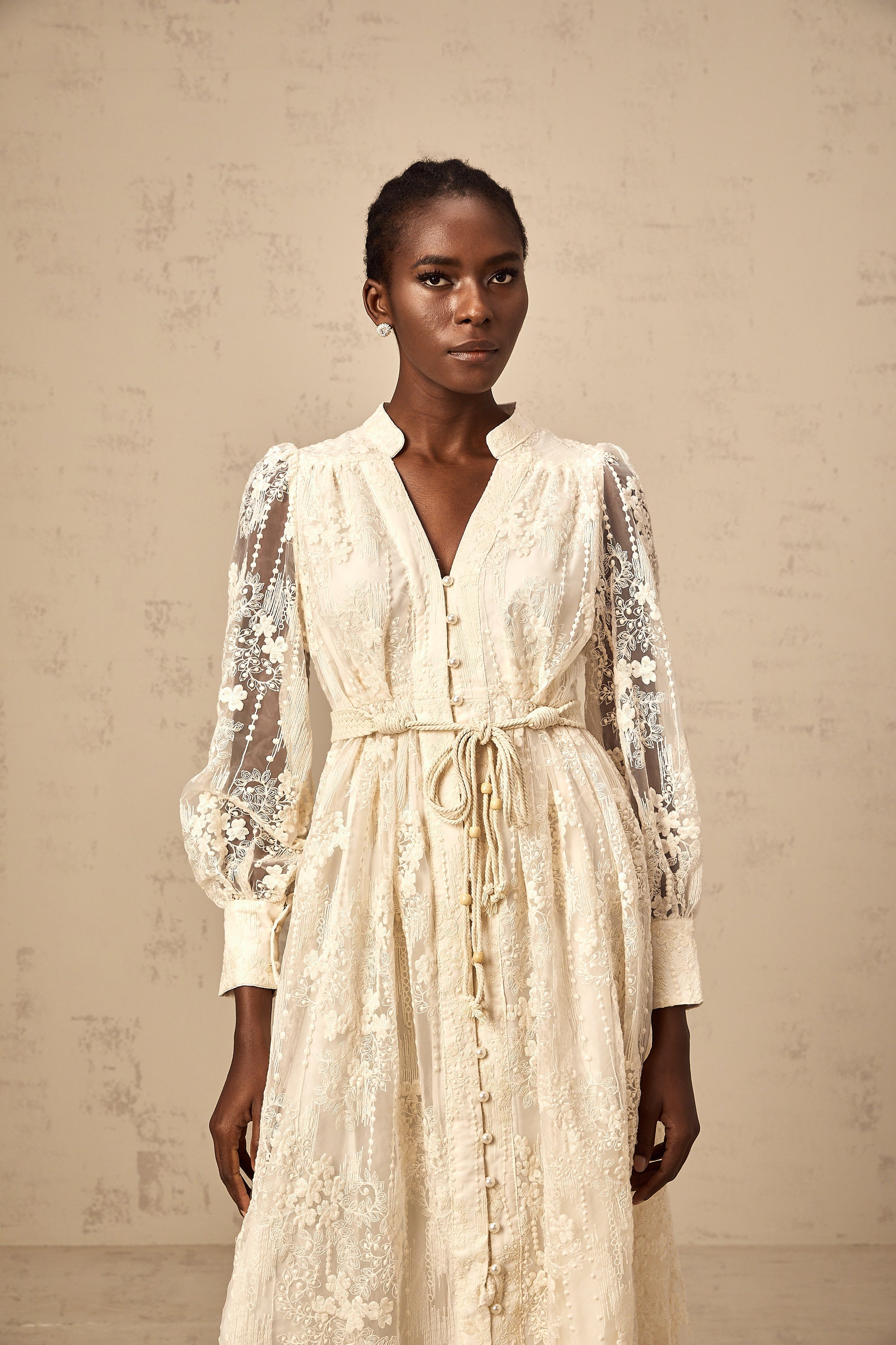 Roxane neutrals lace-embroidered midi dress