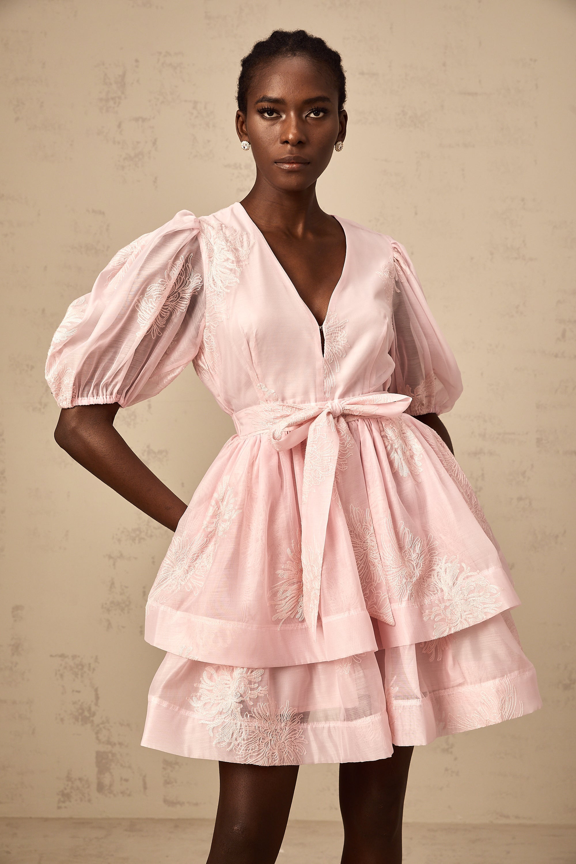 Florence pink floral-embroidered layered mini dress