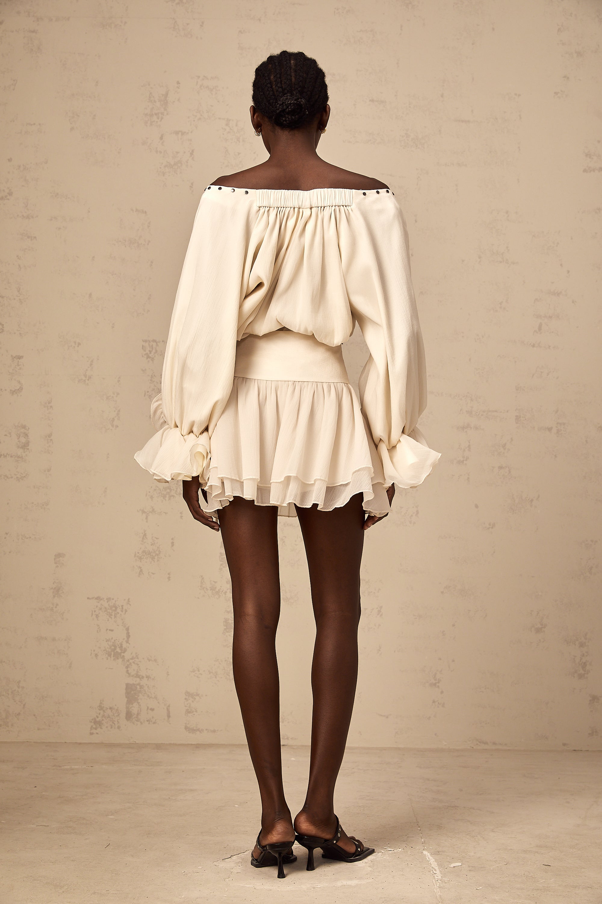 Perrine self-tie ruffled blouse & skirt matching set