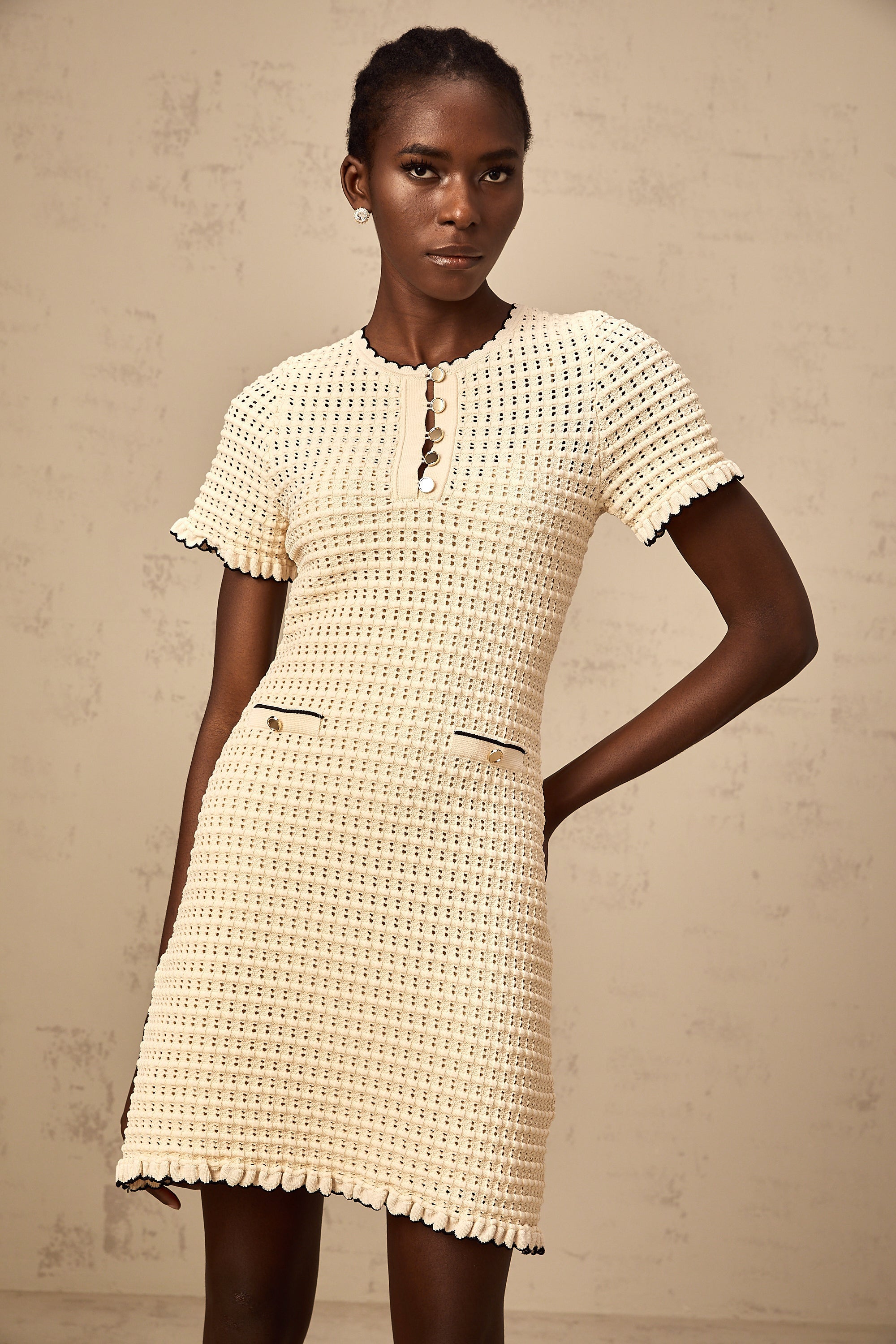 Victoire neutrals ruffled pointelle-knit mini dress