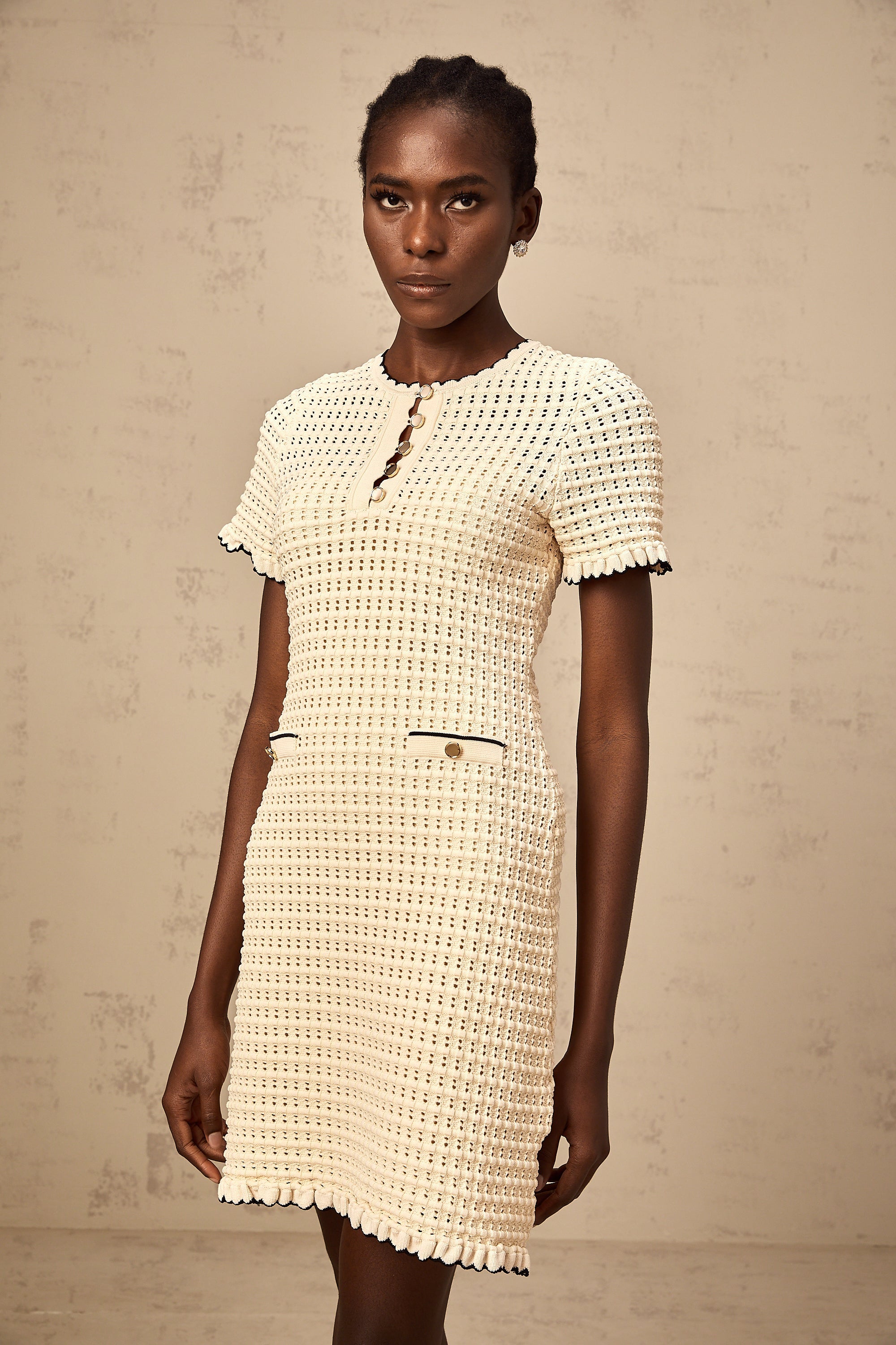 Victoire neutrals ruffled pointelle-knit mini dress