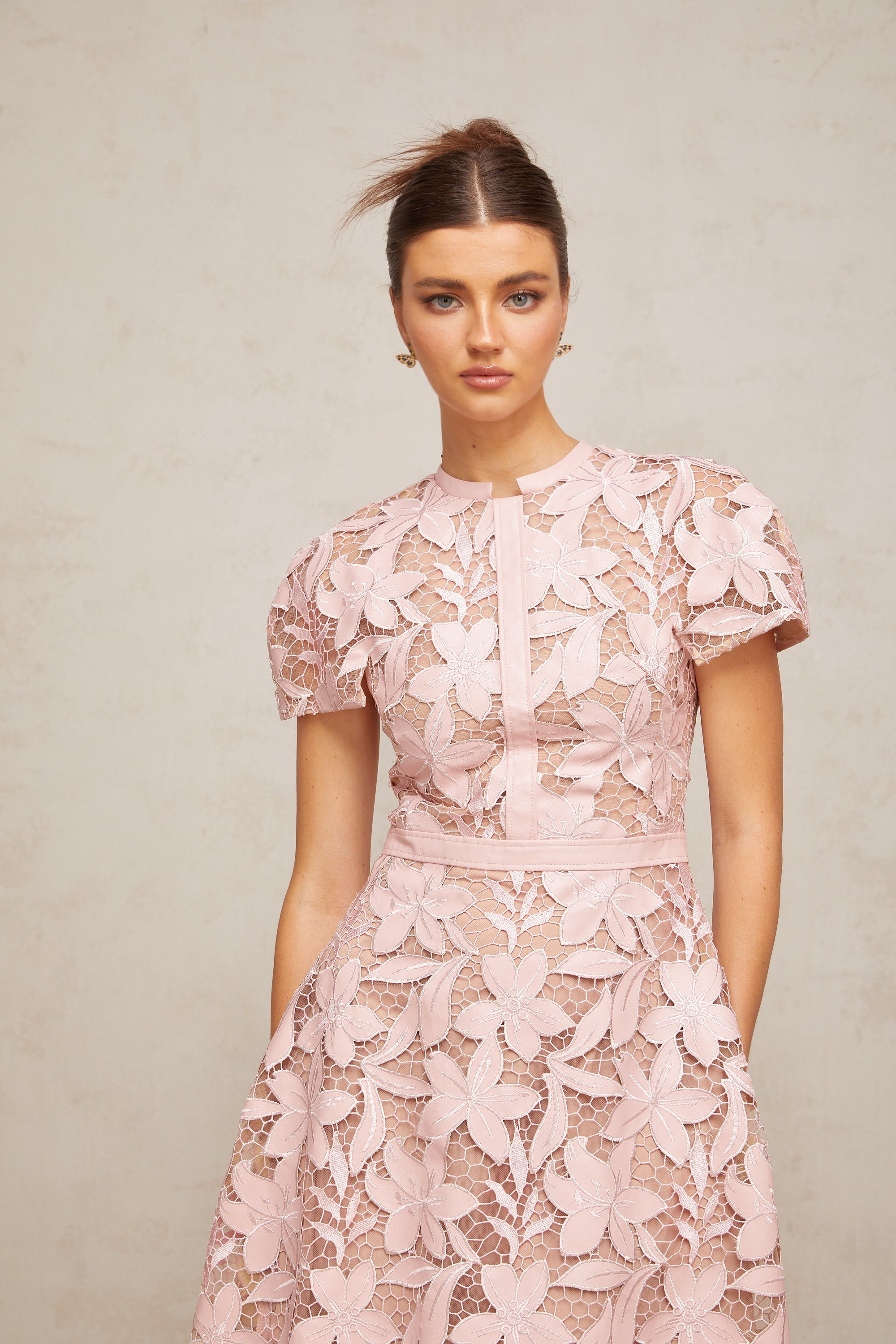 Vérane pink guipure-lace midi dress