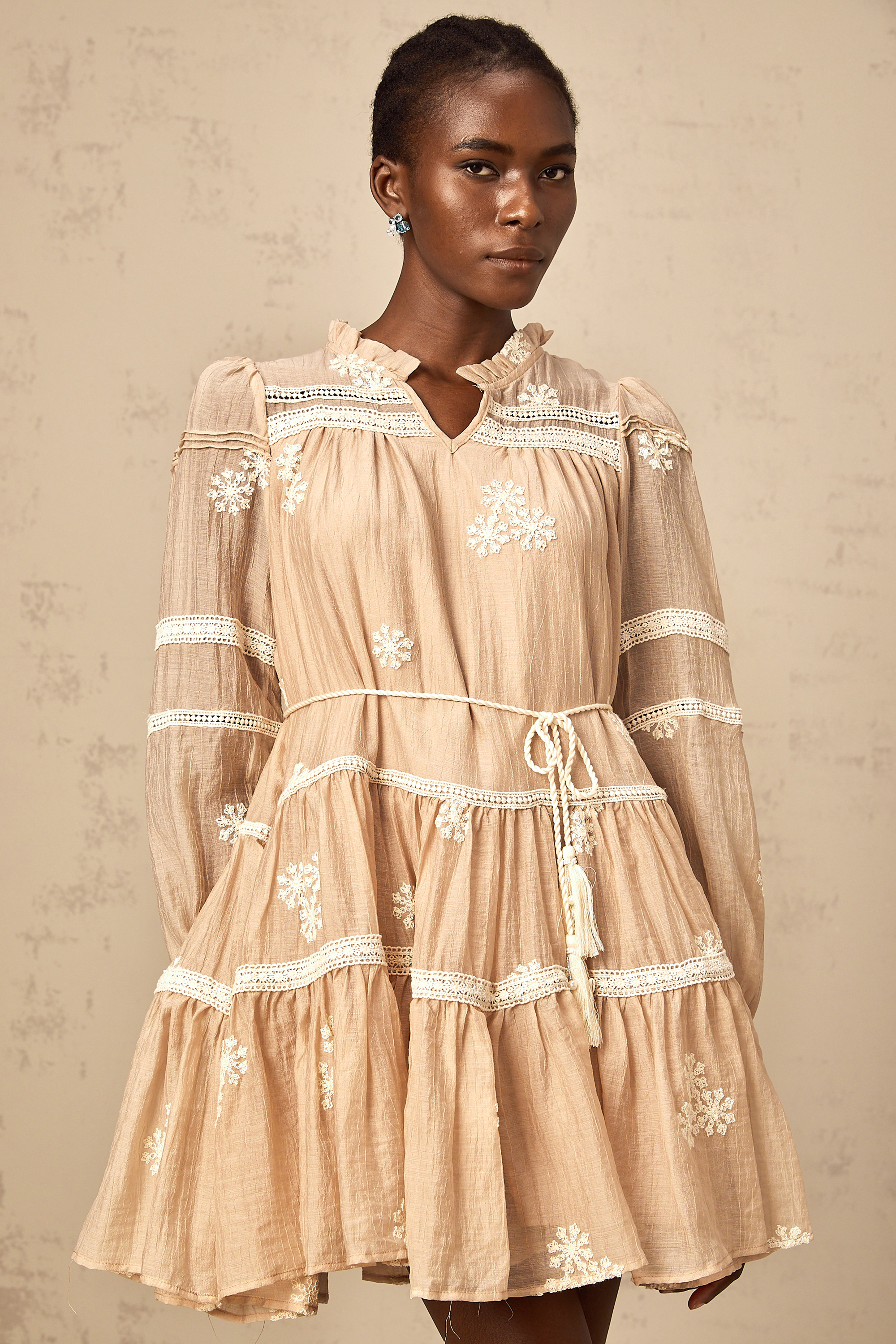 Margaux neutrals flower-embroidered tiered mini dress