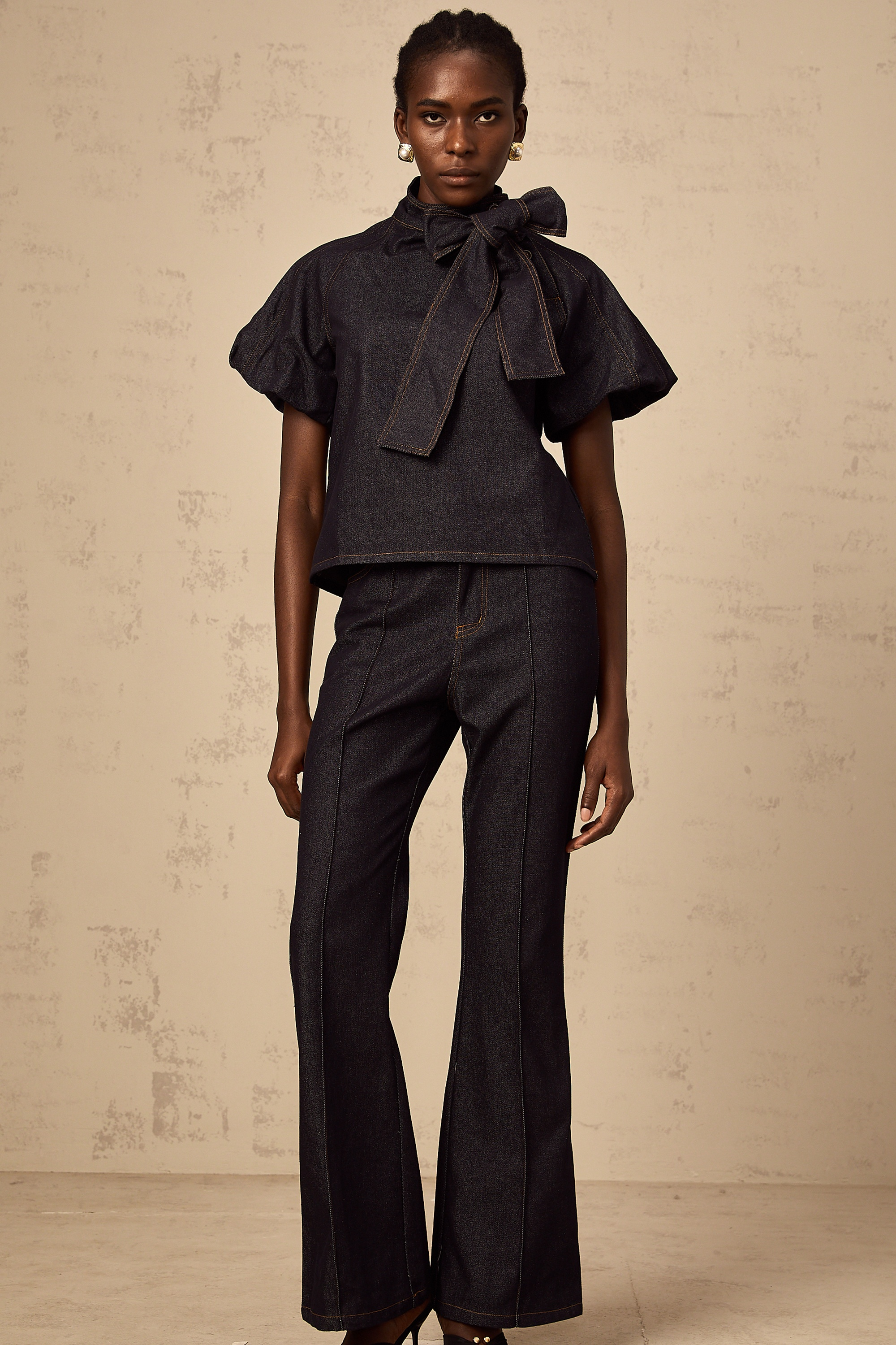 Roxane indigo-blue contrast-stitching denim blouse & jeans matching set
